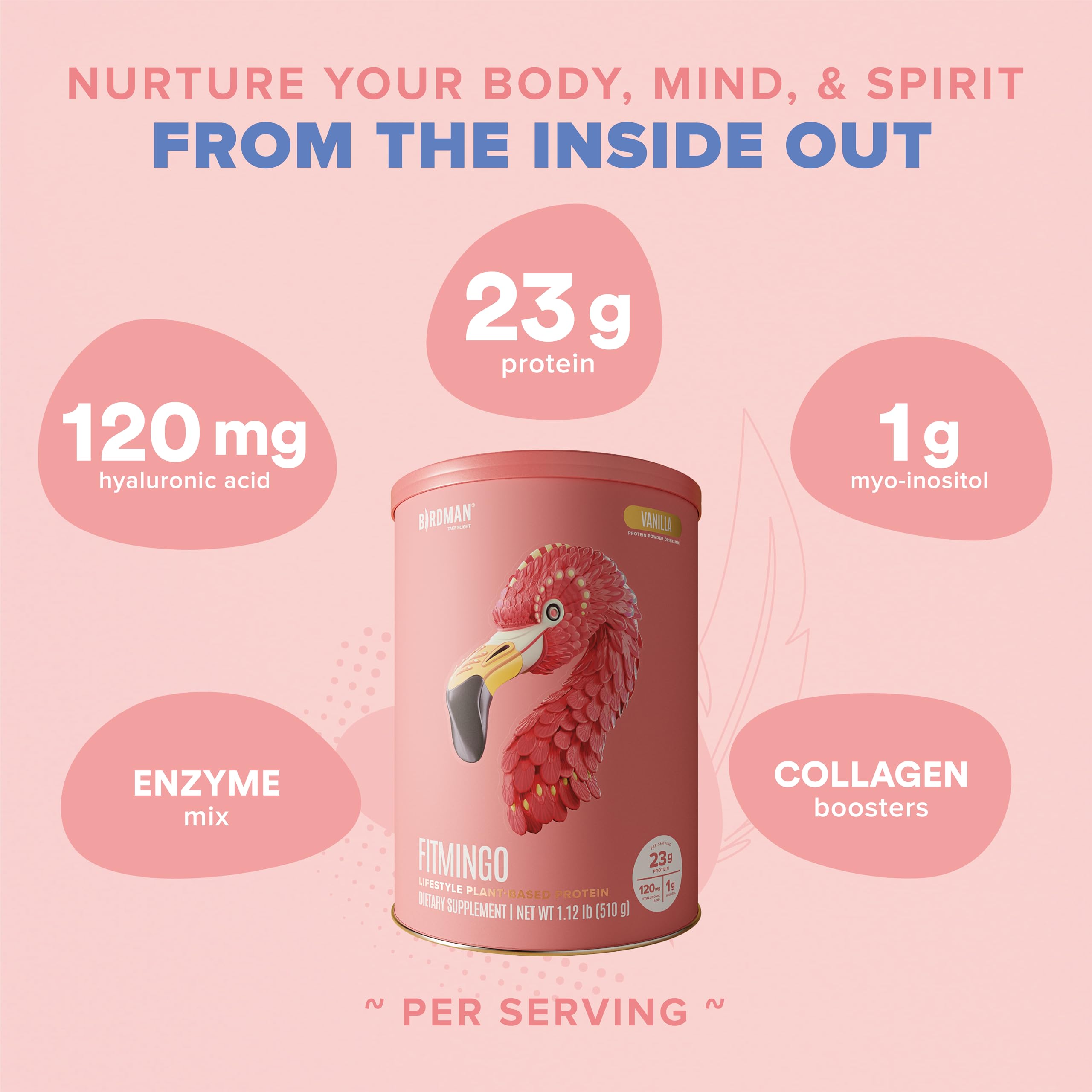Fitmingo Vegan Protein Powder with Inositol, Collagen Boosters & Hyaluronic Acid | 23g Plant-Based Vanilla Protein, Low Carb, Dairy Free, Gluten Free | Supports Muscle Recovery & Healthy Skin - Perfect for Smoothies, Baking & Post-Workout Nutrition