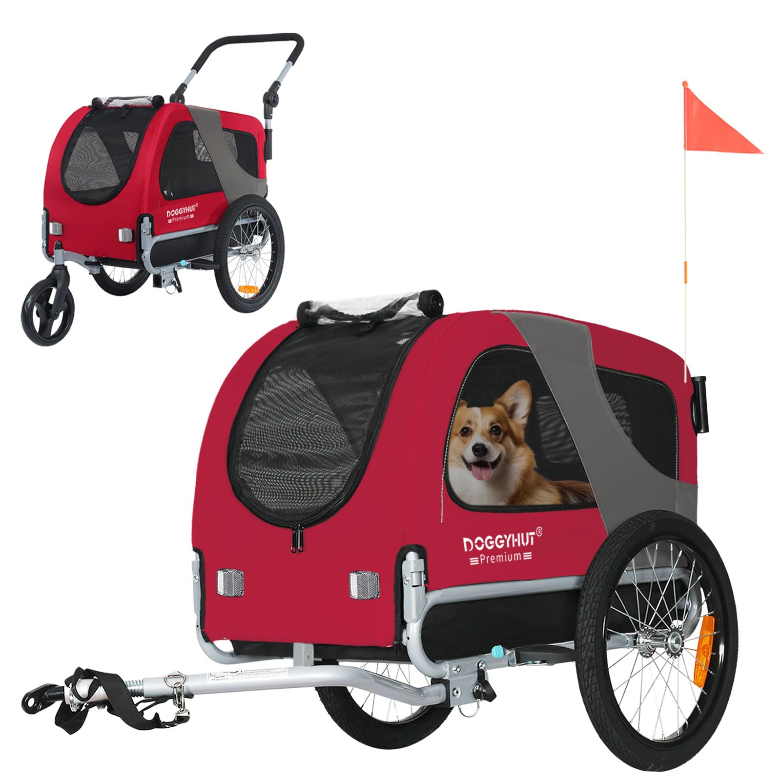 DOGGYHUT® Premium Medium Pet Bike Trailer & Stroller 2-in-1 - Convertible Dog Carrier for Small to Medium Dogs up to 50 lbs - Safety Parking Brakes, Easy Fold Design, Universal Bicycle Coupler - Perfect for Cycling, Jogging, Park Visits & Outdoor Adventures (E-Bike Compatible)