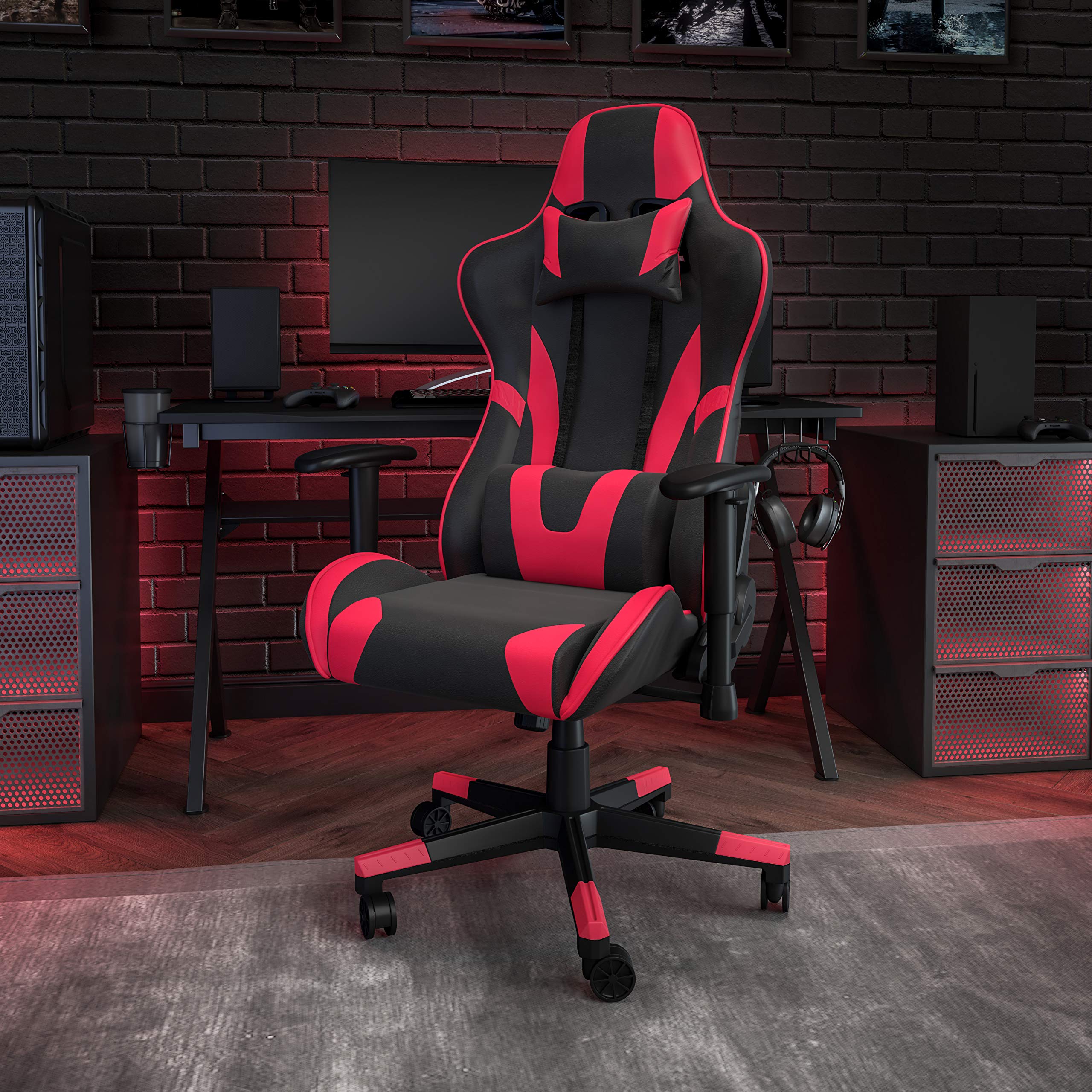 Flash Furniture X20 Ergonomic Racing Style Gaming Chair - Fully Reclining PU LeatherSoft with Lumbar Support Pillow, Adjustable Swivel Computer Desk Chair for Office & Home (Red/Black) - Perfect for Gamers, Streamers & Remote Workers