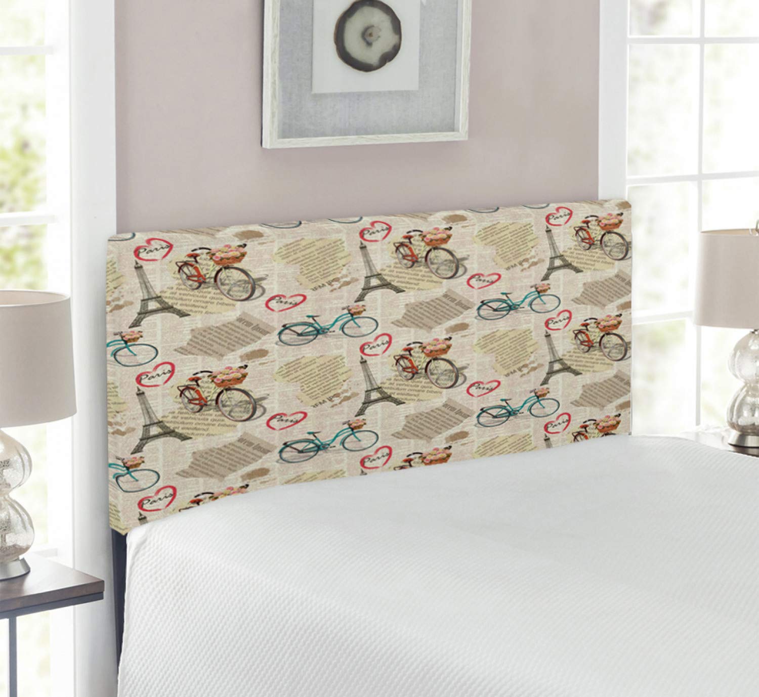 Ambesonne Romantic Vintage Paris Headboard - Twin Size Upholstered Metal Bed Frame with Memory Foam, White & Black Retro Newspaper Heart Design | Perfect for Bedroom Decor, Guest Rooms & Cozy Apartment Styling