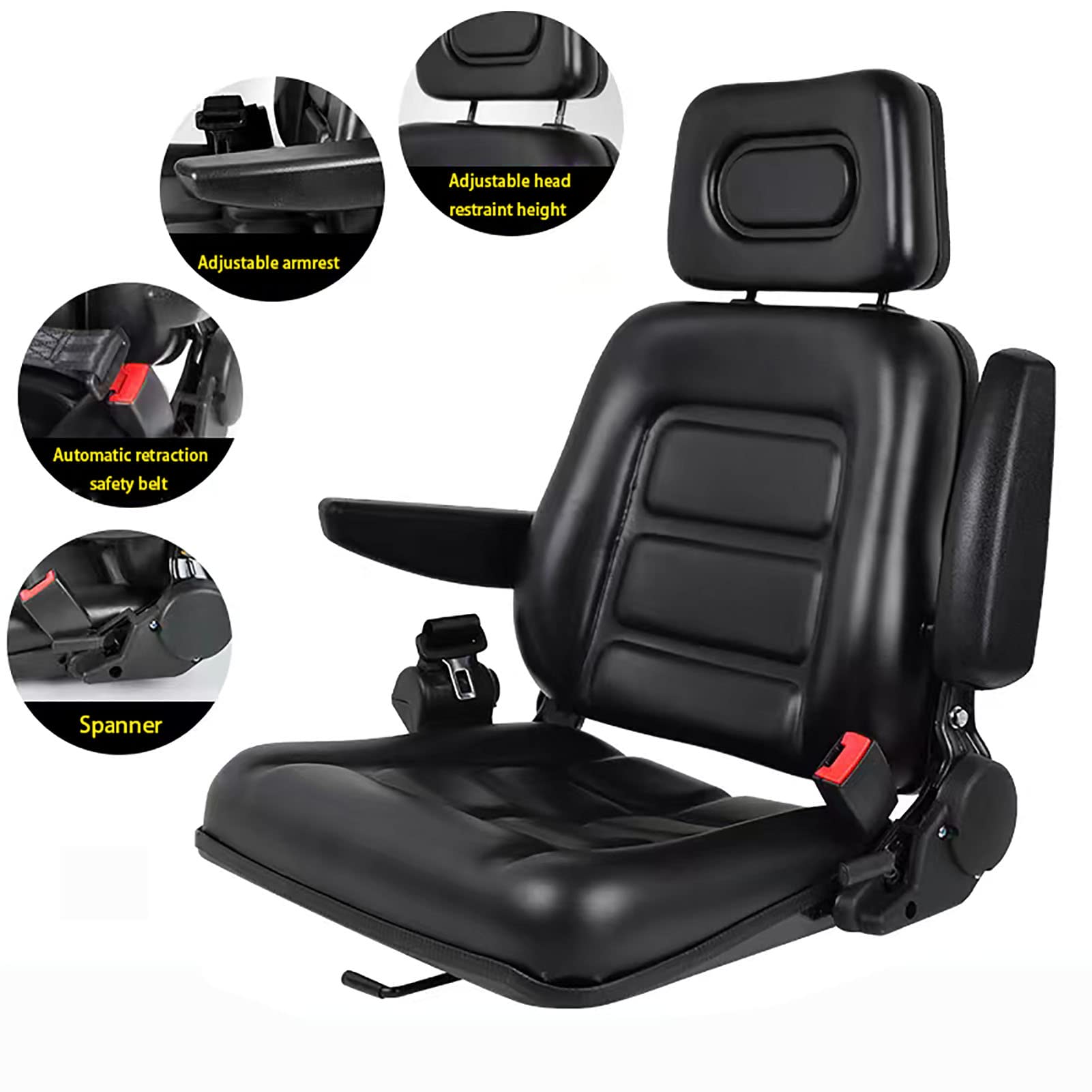Universal Lawn Mower Seat with Adjustable Backrest & Slide Rail - Waterproof Tractor Seat with Armrests, Headrest & Seatbelt - Fits Garden Tractors, Loaders, Forklifts, Excavators & Dozers - Perfect for Landscaping, Farming & Construction Work