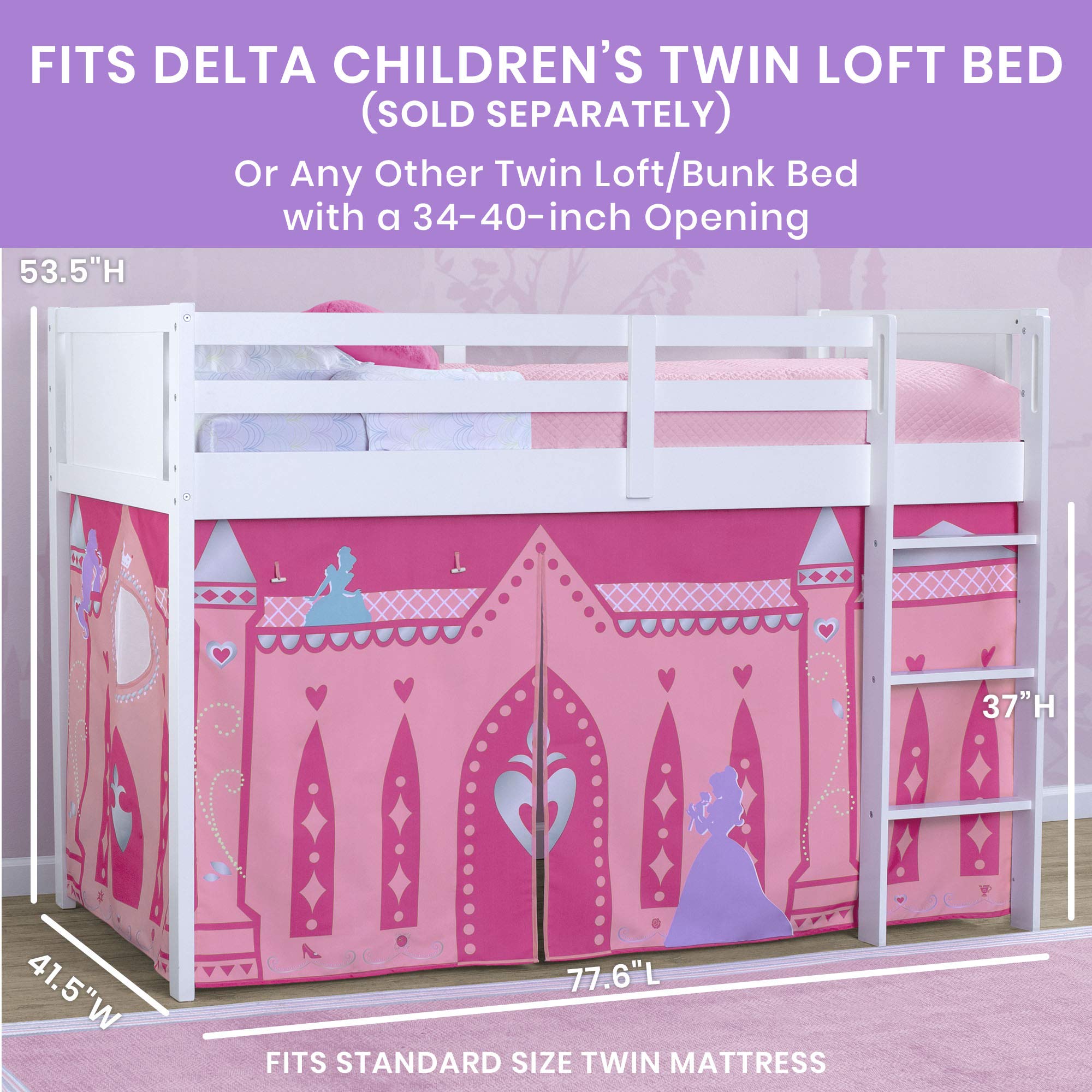 Disney Princess Loft Bed Tent Curtain Set for Low Twin Beds - Kids' Bedroom Decor & Playhouse for Girls' Sleepover Fun