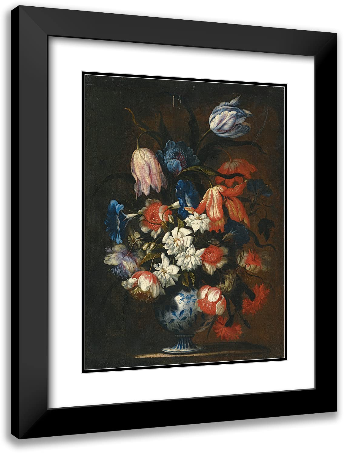 Francesco Caldei 14x18 Inch Black Modern Picture Frame with Double Mat - Still Life Floral Art Print in Blue & White Vase | Wall Decor for Living Room, Bedroom, Office