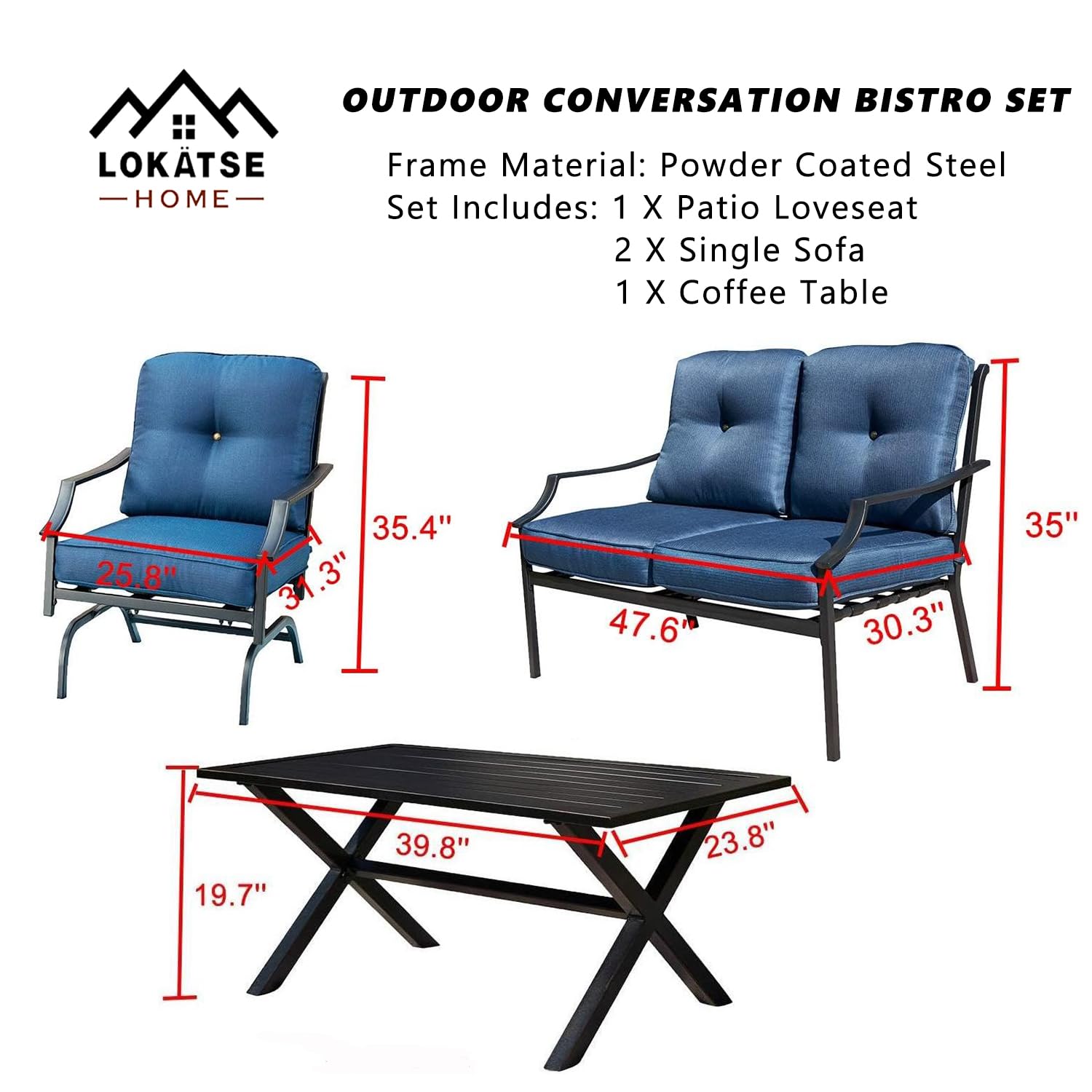 LOKATSE HOME 4-Piece Outdoor Patio Furniture Set - Metal Bistro Chairs with Cushions & Coffee Table - Blue Conversation Set for Garden, Backyard, Poolside & Balcony Relaxation
