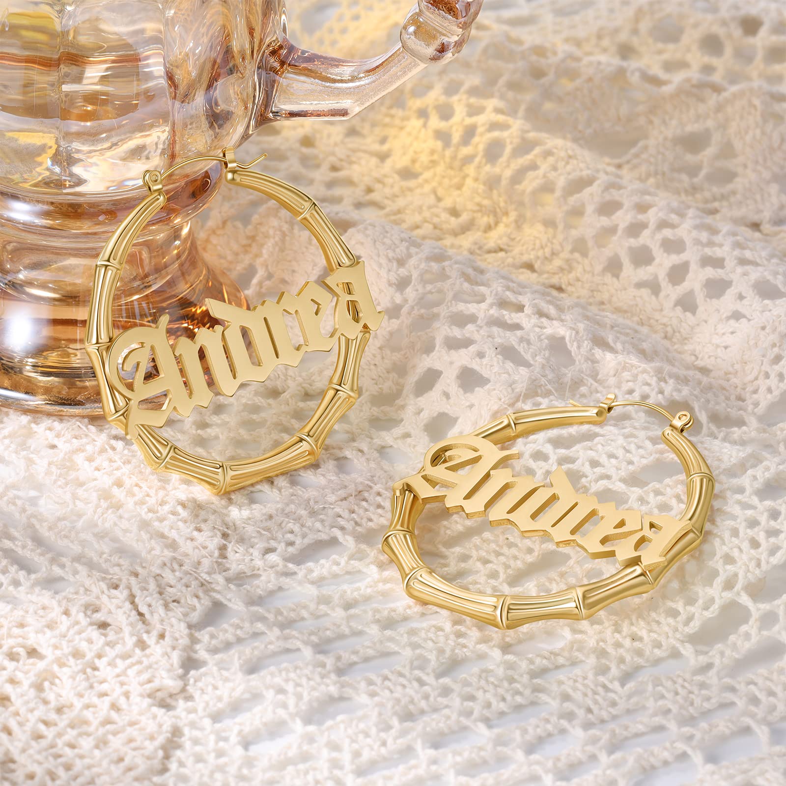 Personalized Name Hoop Earrings for Women - Custom Engraved Bamboo Earrings with Your Name - Fashion Jewelry Gift for Mom, Sister, Friend - Perfect for Birthdays, Anniversaries & Special Occasions