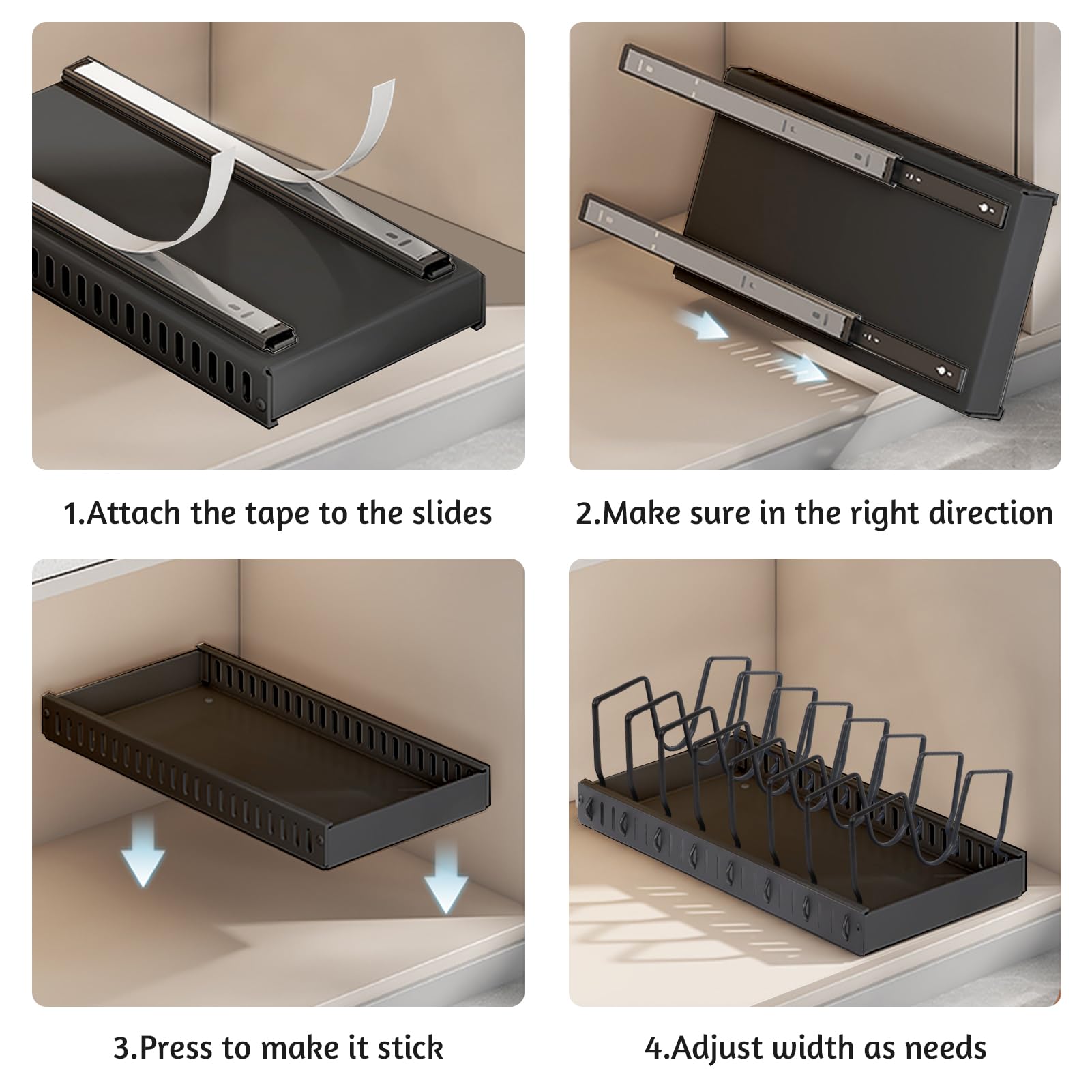 XIAPIA Pull Out Cabinet Organizer - 2 Pack Black Adjustable Kitchen Storage with 8 Dividers for Pots, Pans & Lids - Space Saving Under Cabinet Shelf Organizer for Easy Access & Clutter-Free Kitchen