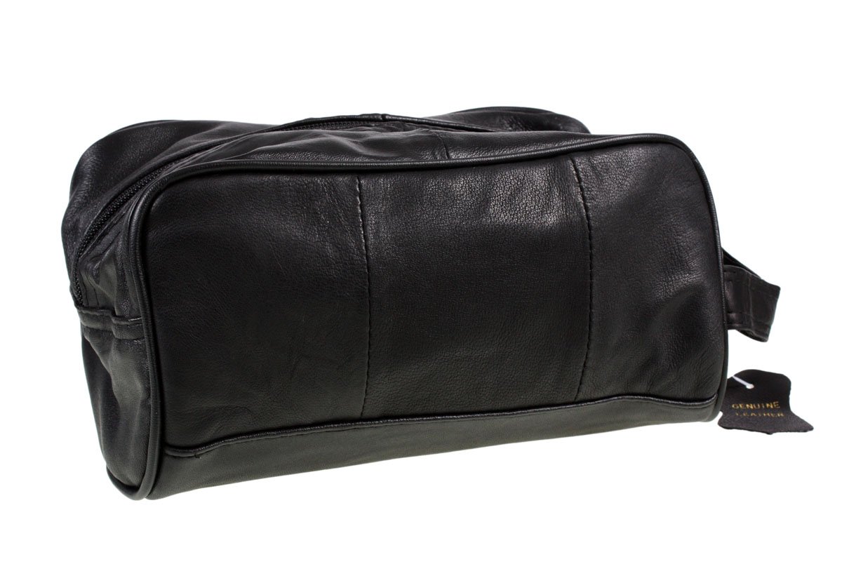 Premium Men's Black Leather Toiletry Bag - Travel Wash Bag for Shaving Kit & Grooming Essentials | Durable Water-Resistant Design for Business Trips, Gym & Vacation (WB3)