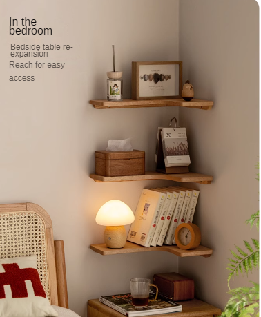 Solid Oak, Cherry & Black Walnut Wood Corner Bookshelf - Rustic Floating Shelf for Living Room, Bedroom, Office Storage & Display