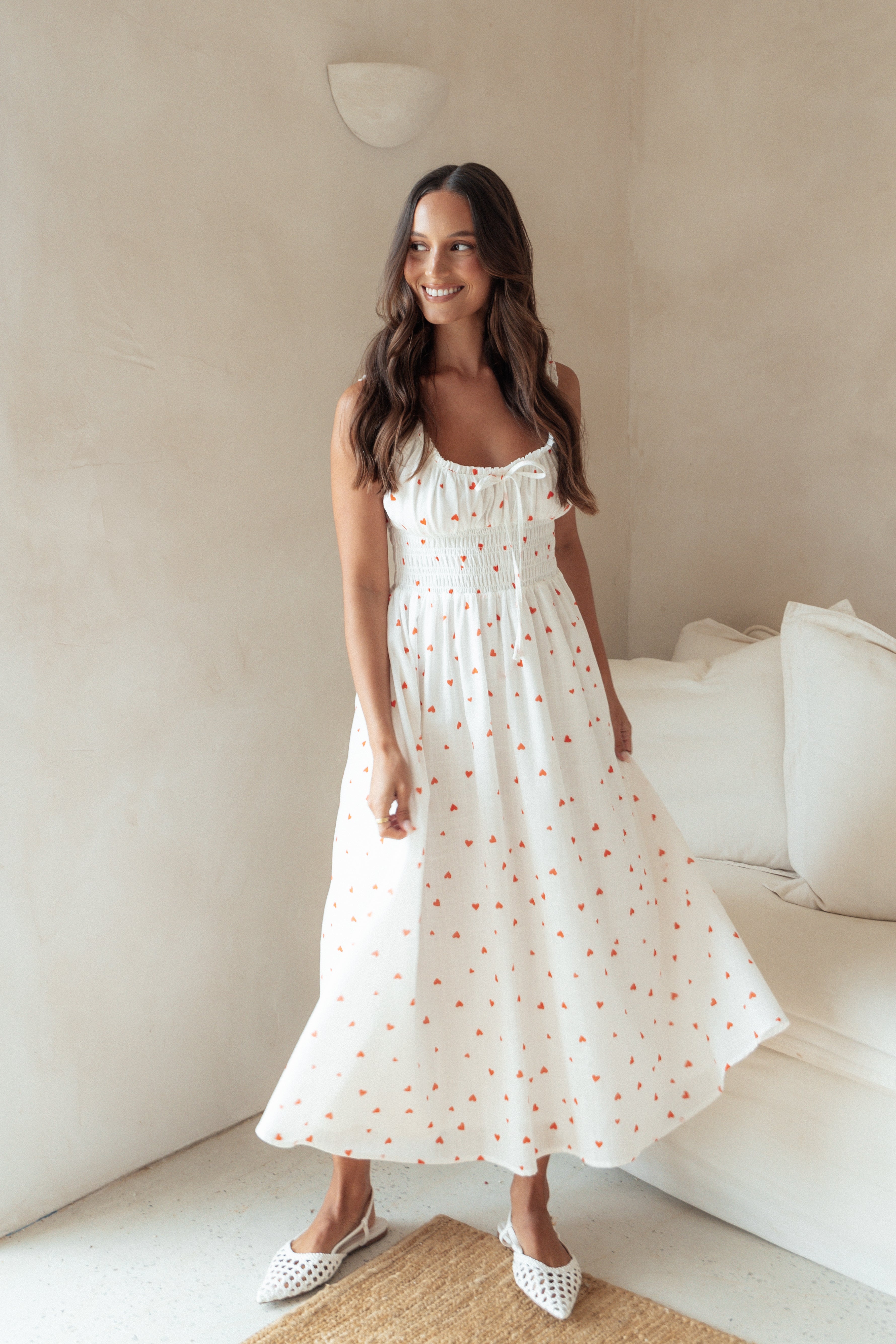 Auguste Midi Dress with Ditsy Heart Print - Floral Summer Dress for Women | Perfect for Beach Vacations, Date Nights & Garden Parties