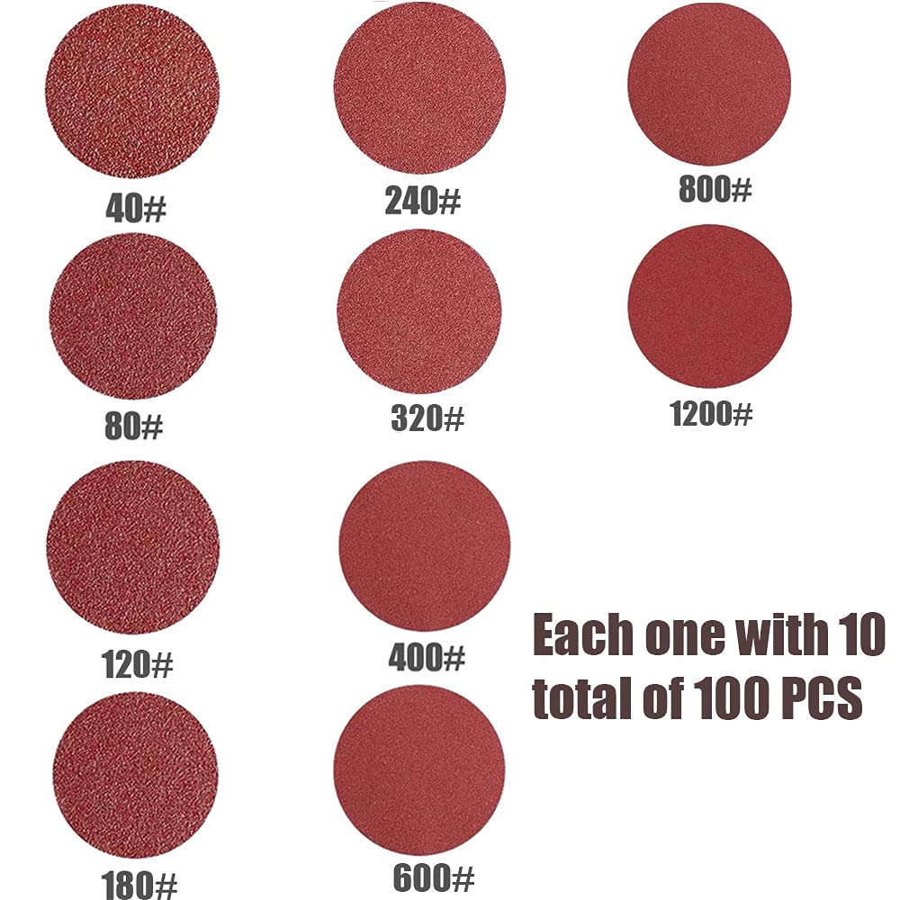 100Pcs 5-Inch 8-Hole Sanding Discs Set - 10 Grits (40-1200) for Random Orbital Sander - Ideal for Woodworking, Metal Polishing & DIY Home Projects