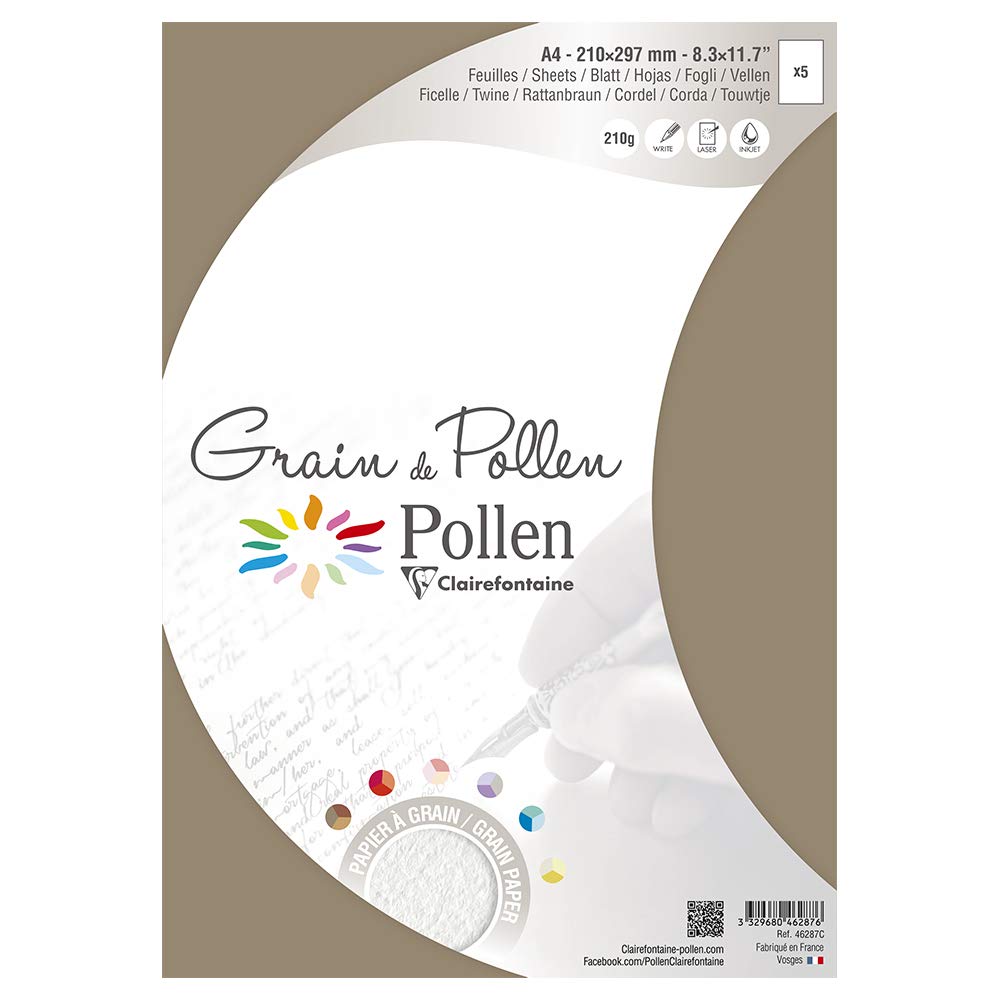 Clairefontaine Grain De Pollen Card Stock - Pack of 5 A4 Sheets (210x297mm) | 210gsm Heavyweight Paper | Acid-Free for Archival Quality | Compatible with Inkjet & Laser Printers | Perfect for Wedding Invitations, Greeting Cards & Scrapbooking Projects