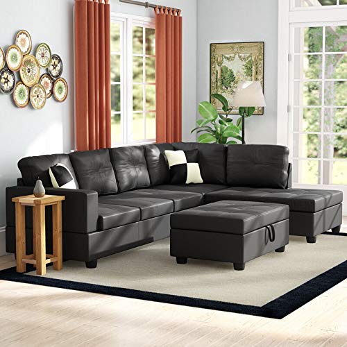Ainehome 3-Piece L-Shaped Sectional Sofa Set with Storage Ottoman & Matching Pillows - Left-Facing Black Living Room Furniture for Small Spaces & Modern Apartments