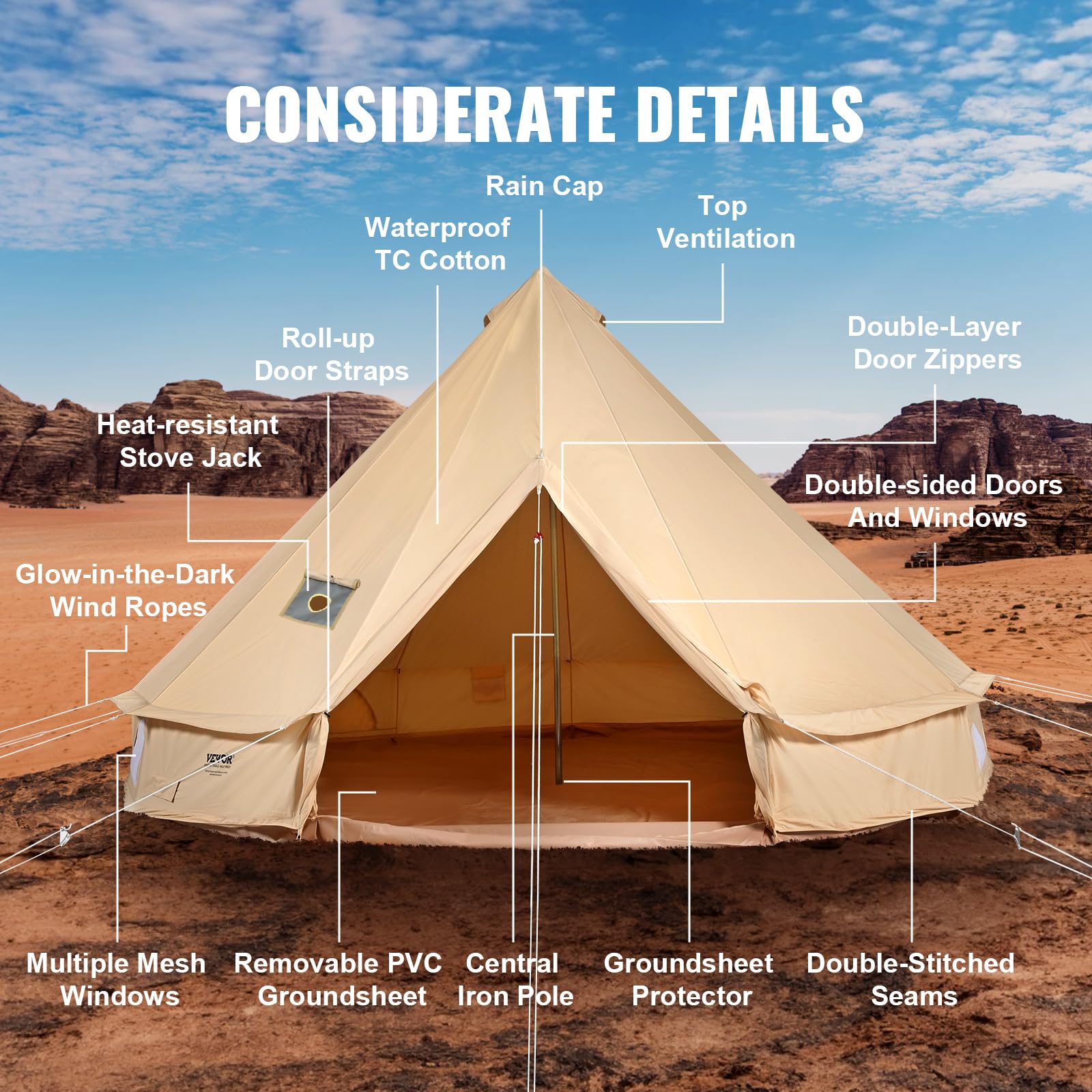 VEVOR 4-Season Canvas Bell Tent with Stove Jack - Breathable, Spacious for 4 People - Perfect for Family Camping, Hunting Trips & Outdoor Adventures
