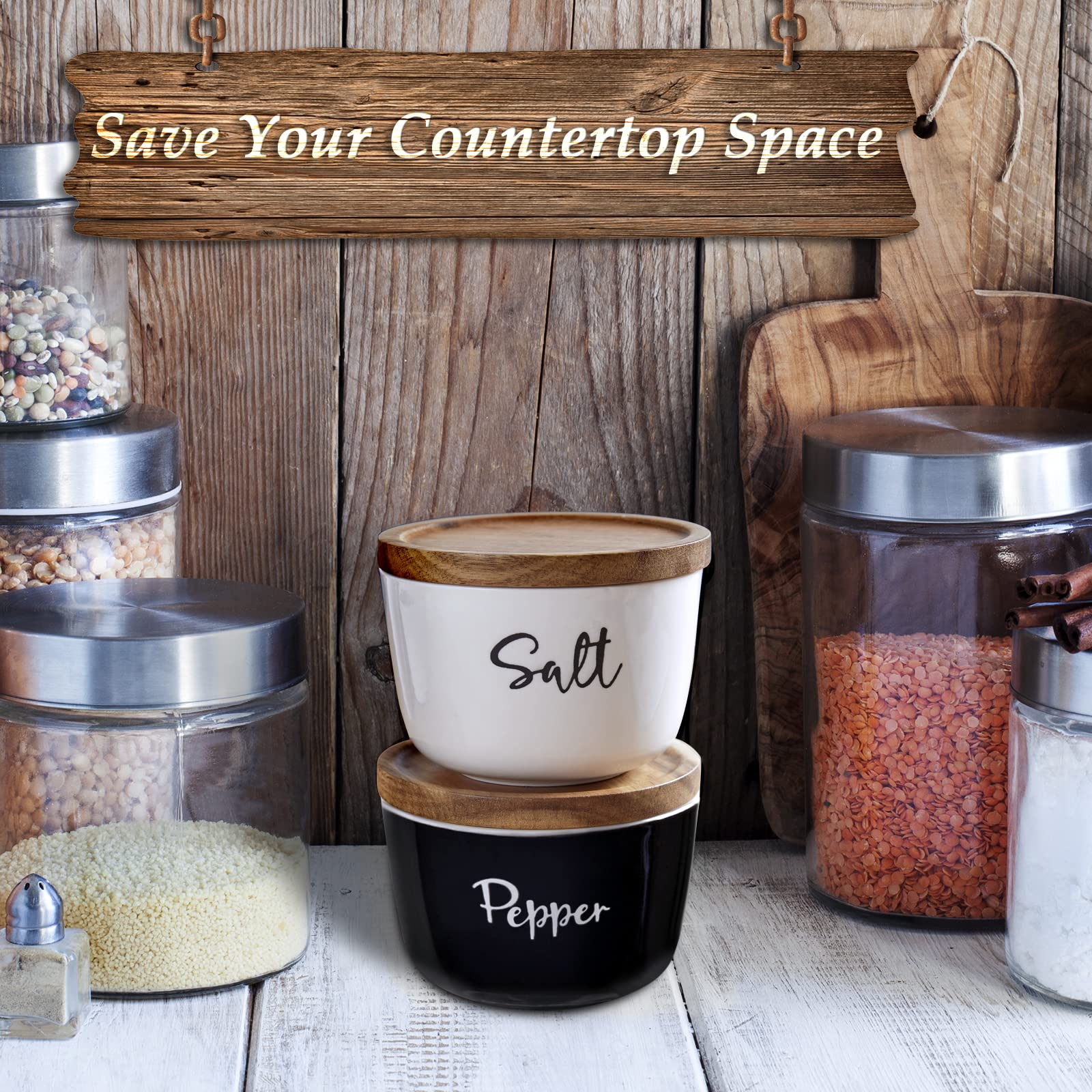 Premium 10 oz Ceramic Salt and Pepper Bowls with Acacia Wood Lid - Stackable Countertop Salt Cellar Set of 2, Black & White Kitchen Decor for Dining Table, Cooking, and Gift Giving