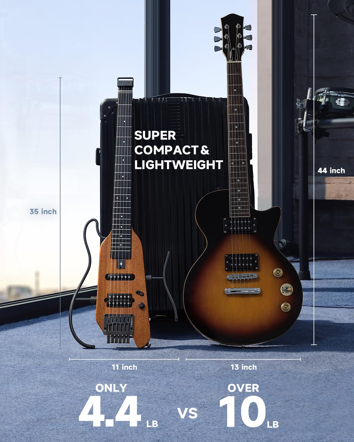 Donner HUSH X Electric Guitar Kit - Lightweight Headless Guitar for Travel & Practice, Mahogany Solid Body with Stand, Gig Bag & Accessories | Perfect for Beginners, Home Studio & Live Performances