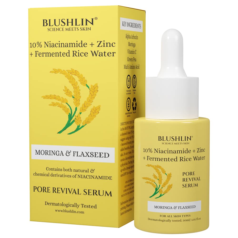 BLUSHLIN 10% Niacinamide Serum with Vitamin C & Alpha Arbutin - Brightening & Glowing Facial Serum for Oily, Acne-Prone Skin | Reduces Pores & Dark Spots with Zinc & Brown Rice Extract | 30ml | Perfect for Daily Skincare Routine & Nighttime Use