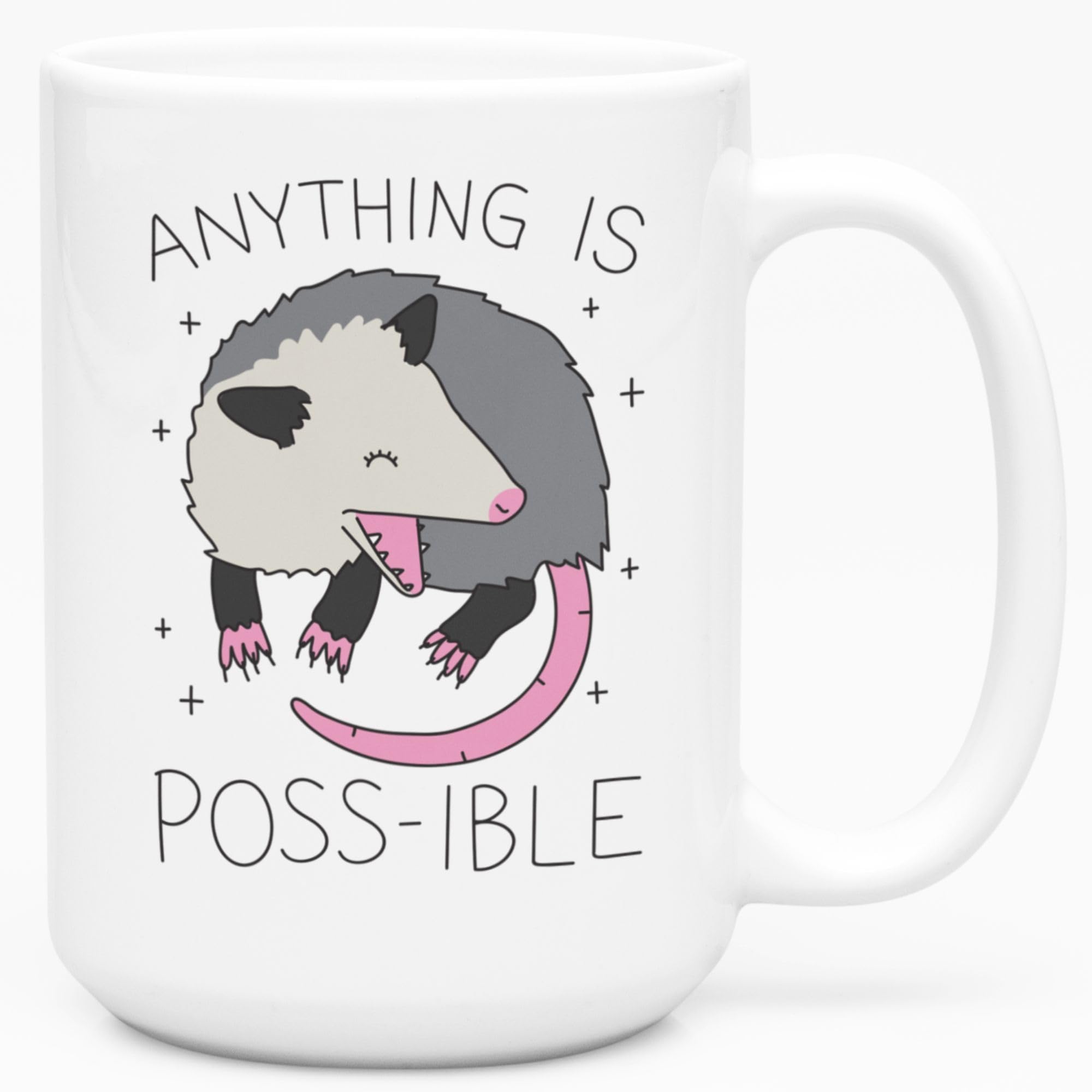 Funny Possum Coffee Mug - 15oz Double-Sided Print Ceramic Cup with 'Anything Is Poss-ible' Design | Novelty Gift for Women & Men | Perfect for Office Humor, Housewarming Gifts & Coffee Lovers