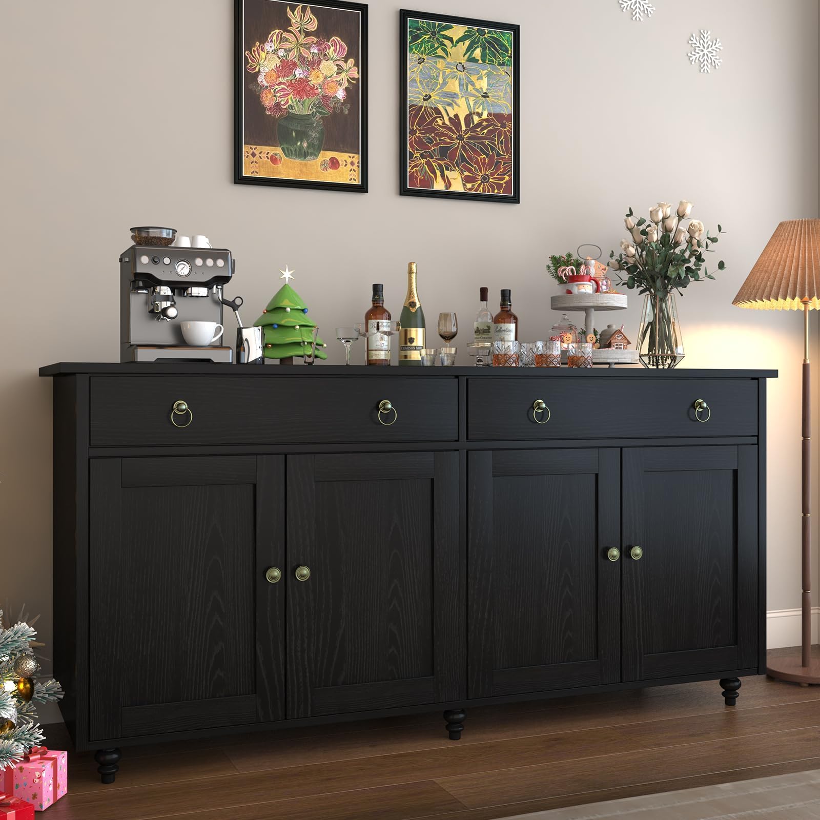 4 EVER WINNER 55'' Black Buffet Cabinet with Storage - Coffee Bar Sideboard with Drawers, Doors & Adjustable Shelves for Living Room | Perfect for Dining Room Storage, Home Bar Setup & Entertainment Center