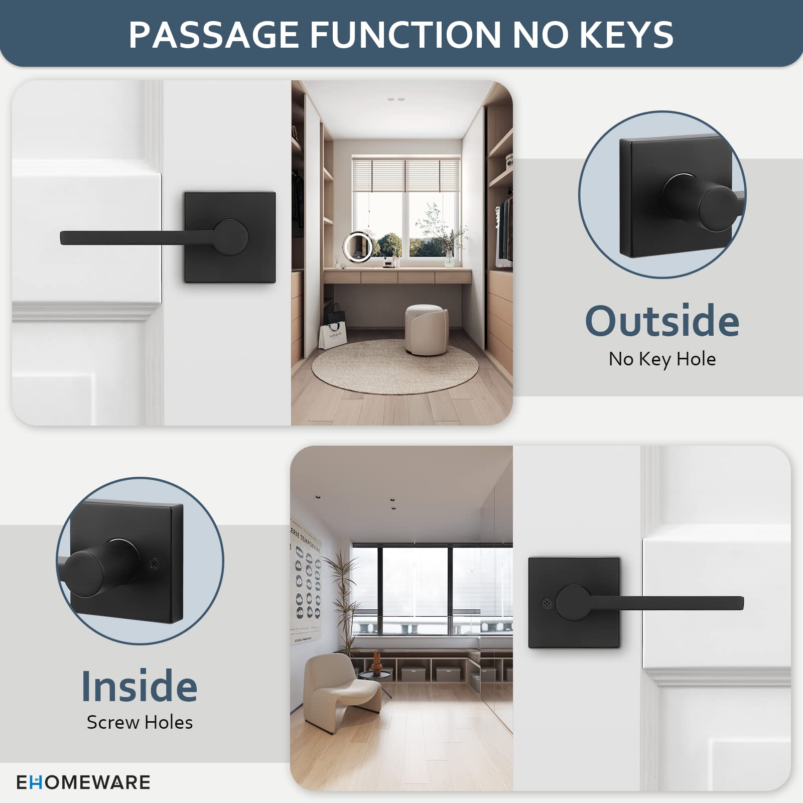 EHOMEWARE 5-Pack Matte Black Door Handles - Heavy Duty Interior Door Knobs with Keyless Design for Hallway, Closet & Bedroom - Modern Matte Black Door Levers for Home & Office Use