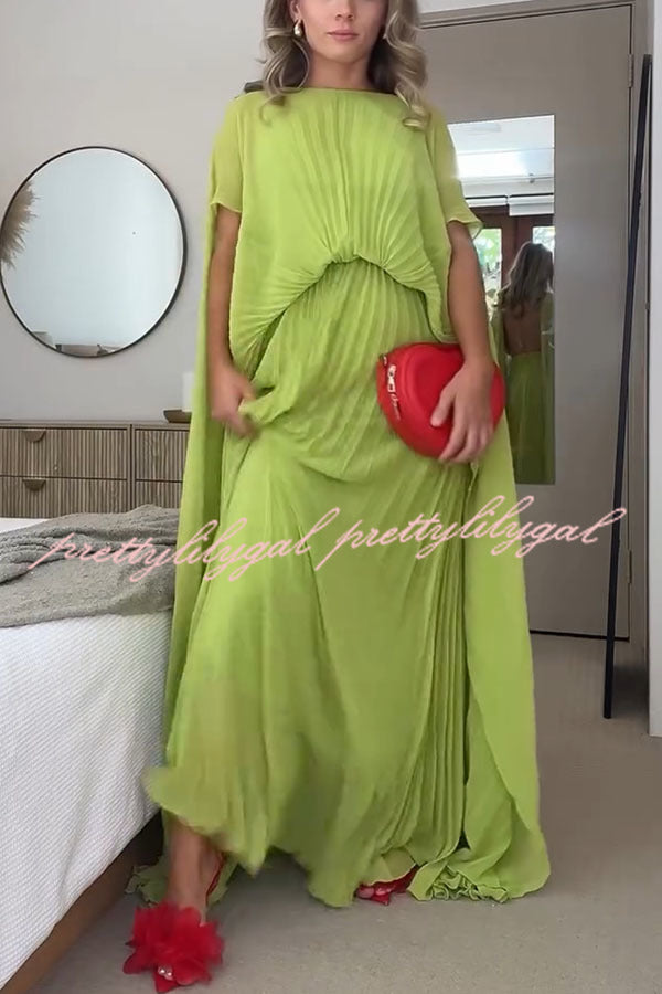 Spring Whispers Chiffon Pleated Wide Sleeve Volume Maxi Dress | Flowy Elegant Long Dress for Women | Perfect for Weddings, Parties & Summer Vacations