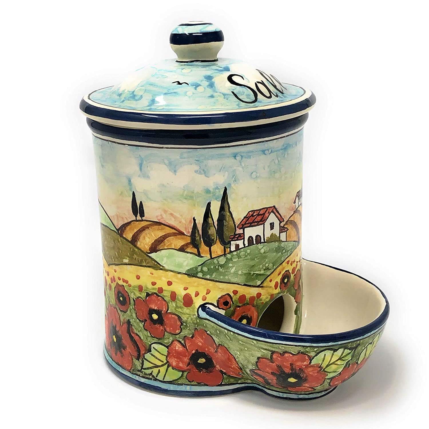 Hand Painted Italian Ceramic Jar - Tuscan Art Pottery Salt Holder with Poppies Landscape, Made in Italy | Perfect for Kitchen Decor, Dining Table Centerpiece & Gift Idea