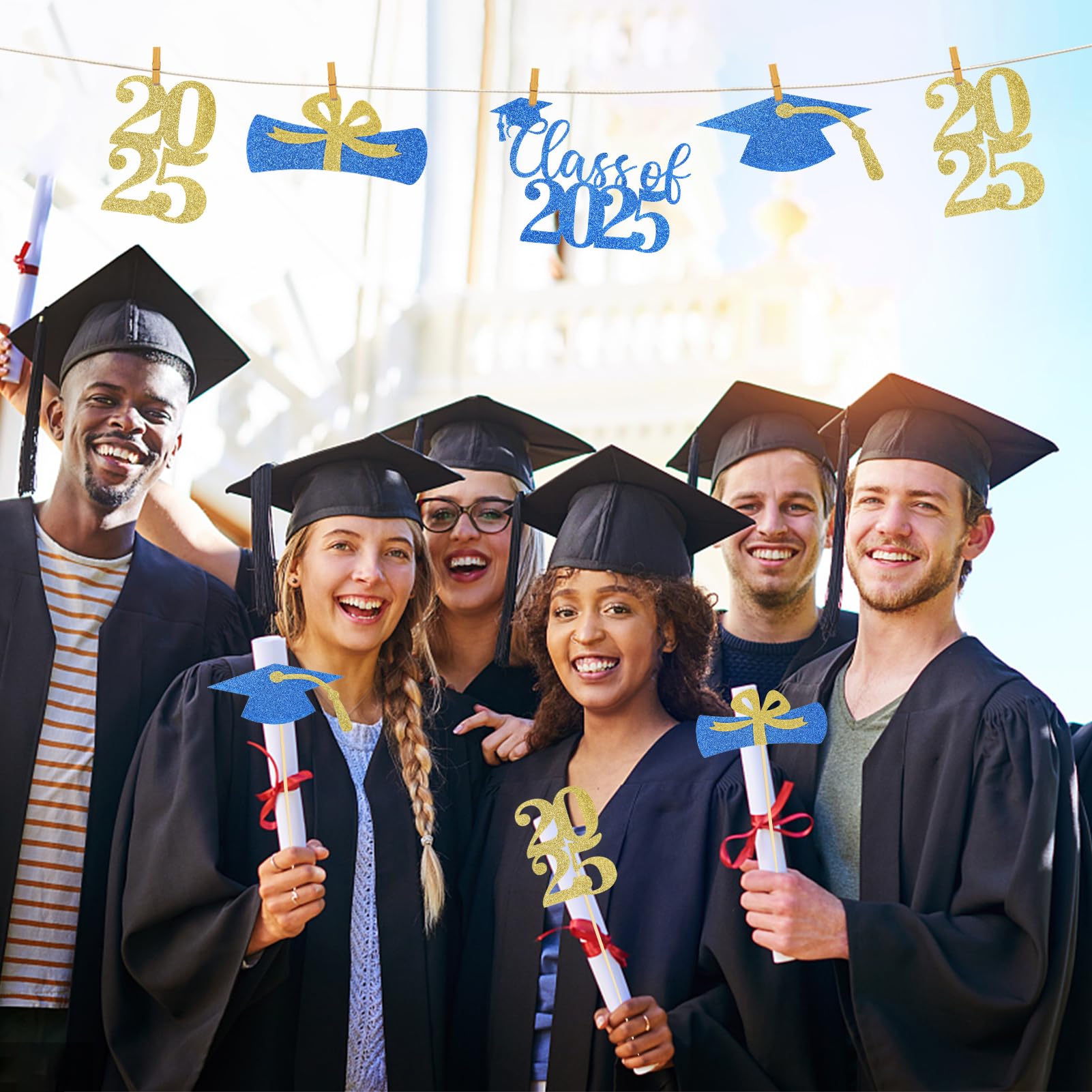 24-Piece Gold & Blue Glitter Graduation Centerpiece Sticks - Class of 2025 Table Toppers for Graduation Party Decorations | Perfect for Tables, Photo Booths & Dessert Displays