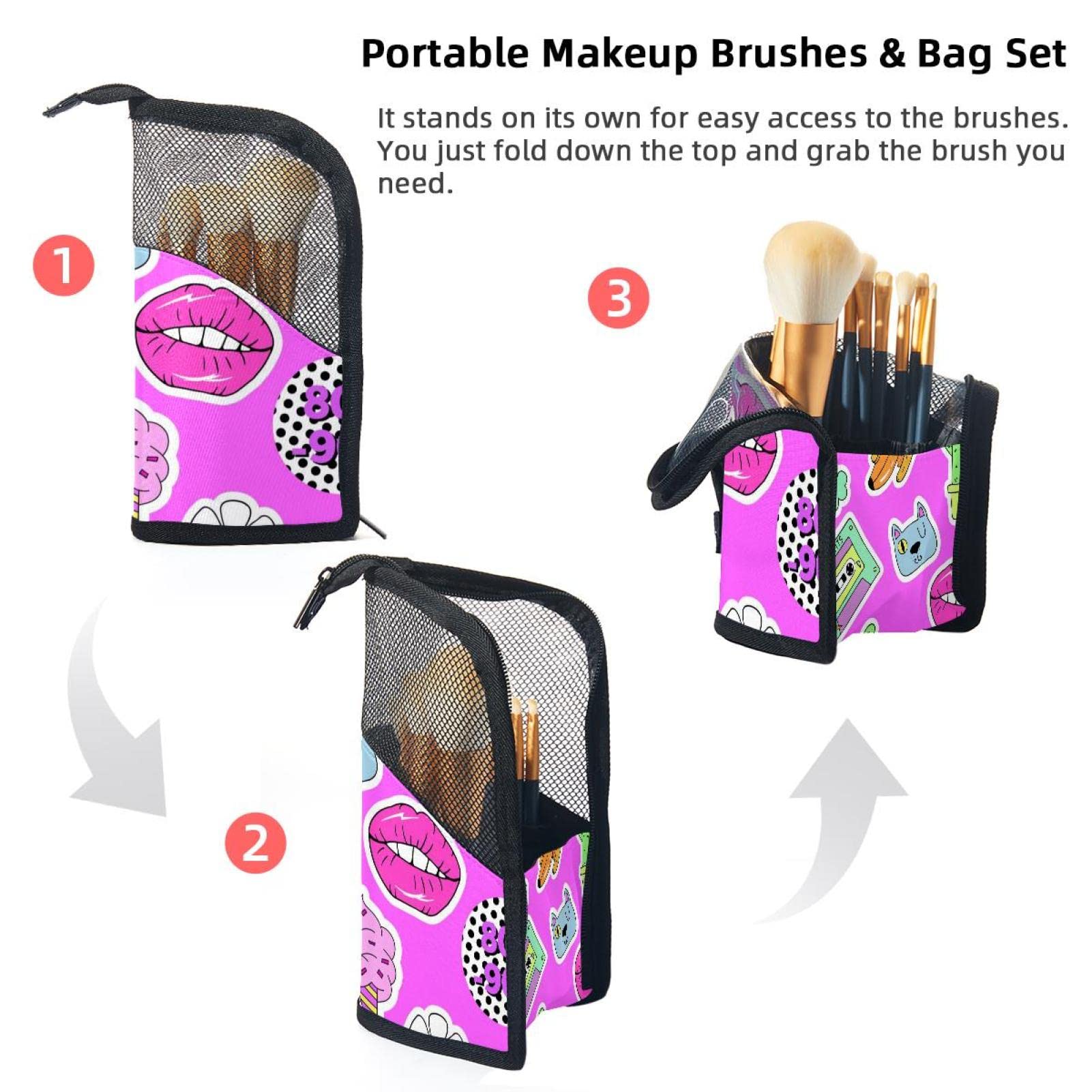 12-Piece Makeup Brush Organizer Bag with Portable Holder Case - Pink Lips Ice Cream Cat Design | Perfect for Travel, Home Vanity & Professional Makeup Artists