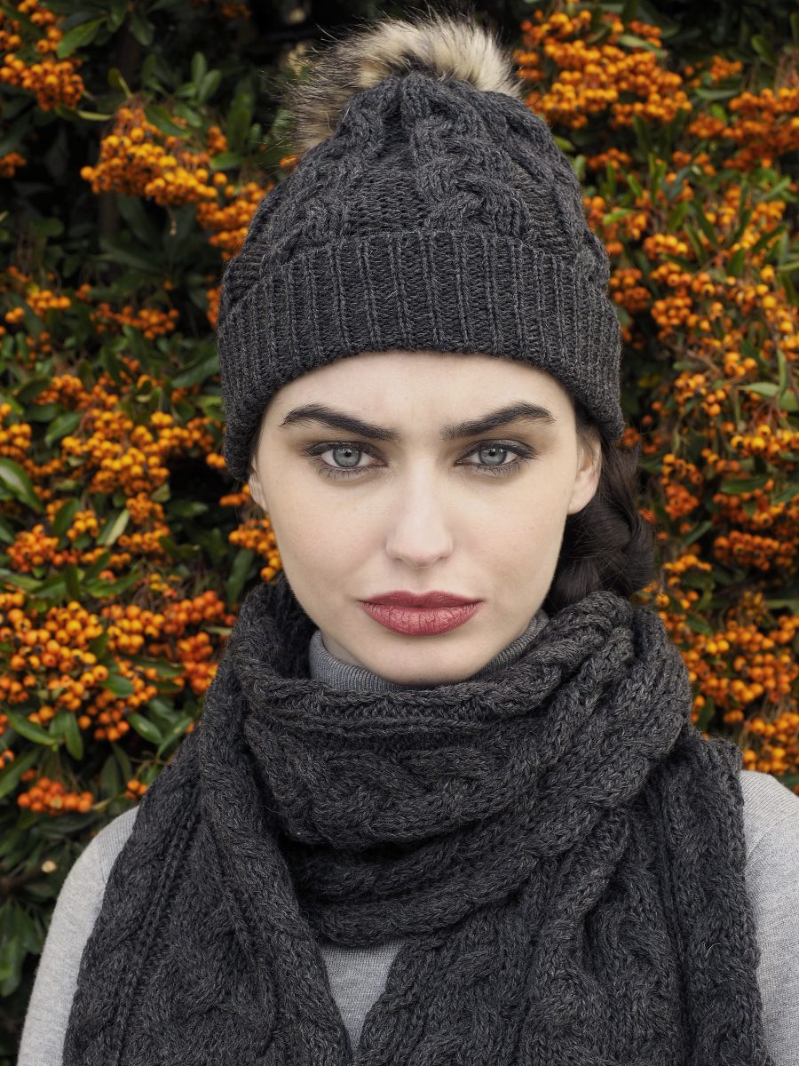 Warm Aran Cable Knit Beanie with Faux Fur Pom Pom - 5 Stylish Colors for Winter Fashion, Outdoor Activities & Cold Weather Protection