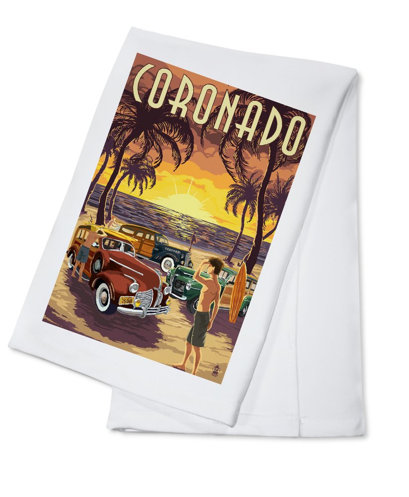 Coronado California Woodies on The Beach - 100% Cotton Tea Towel | Decorative Hand Towel for Kitchen & Home | Perfect for Beach Houses, Coastal Decor & Gift Giving