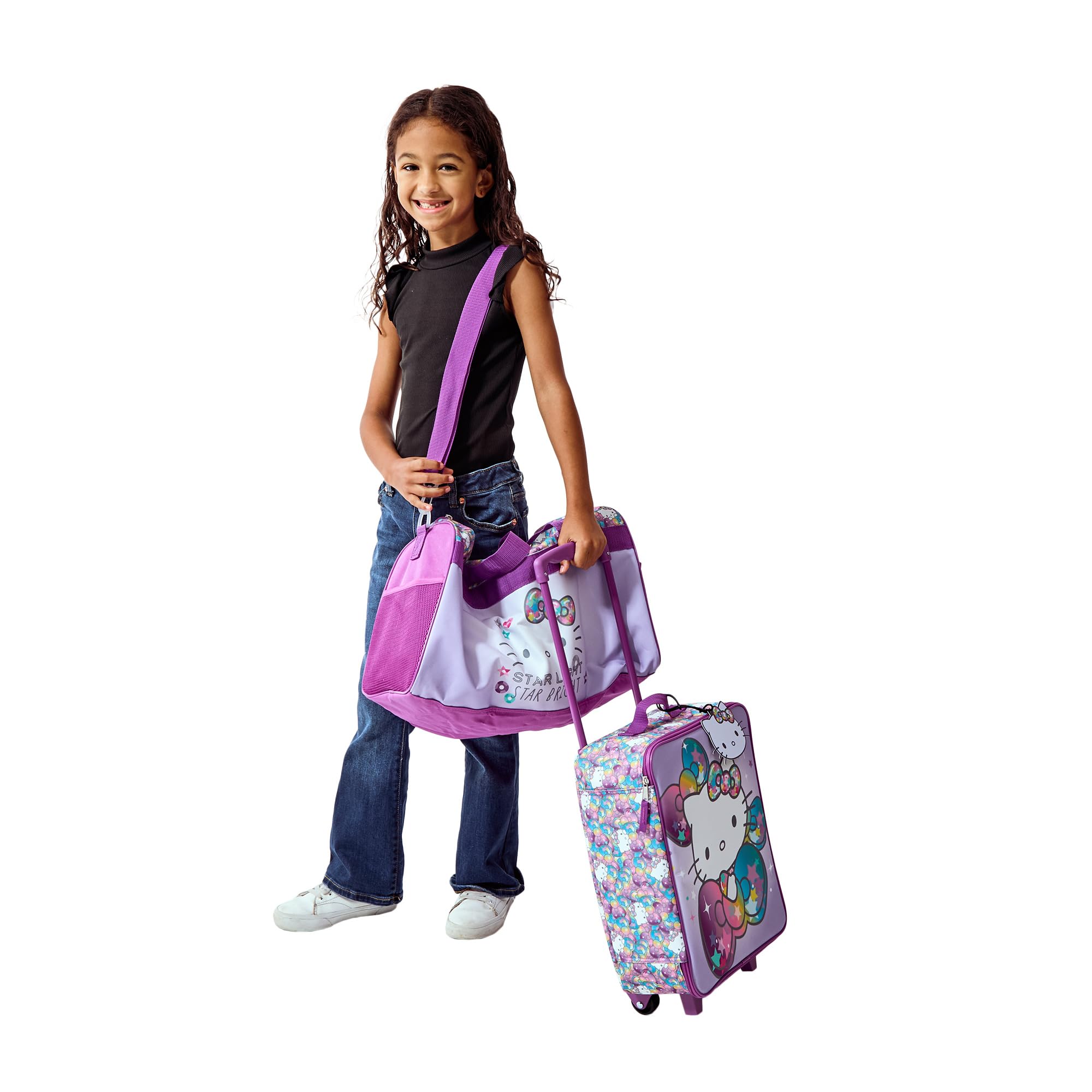 Bioworld Hello Kitty Starshine 3-Piece Youth Travel Set - Pilot Case, Duffle Bag & Luggage Tag - Cute Carry-On for Girls Airplane Trips & Sleepovers