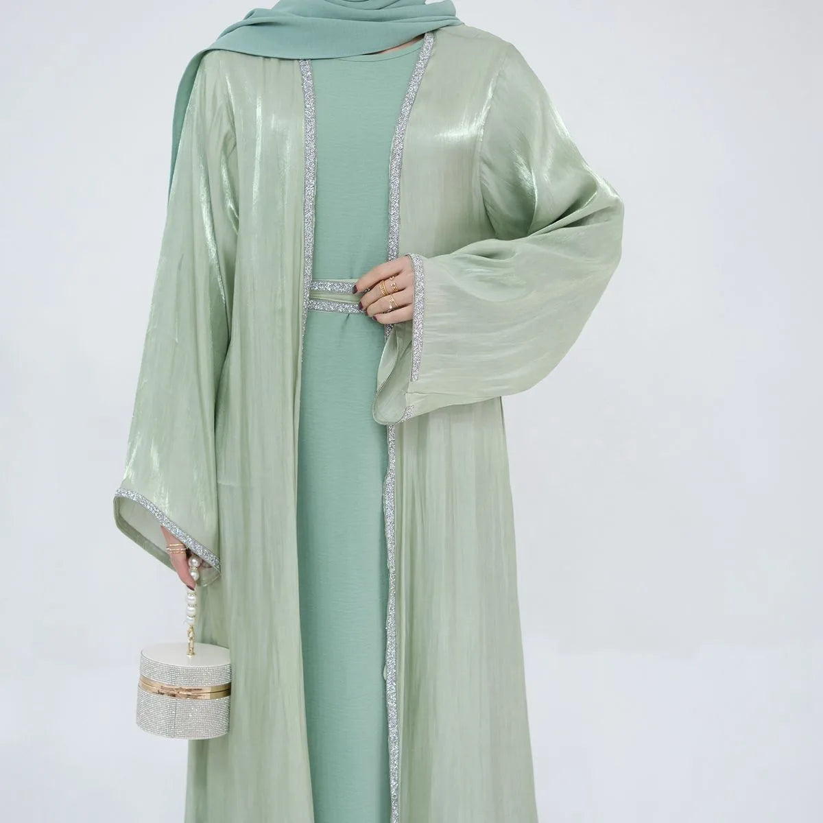 2-Piece Hotfix Rhinestone Sparkling Open Abaya Dress Set with Inner Dress - Perfect for Weddings, Parties & Special Occasions
