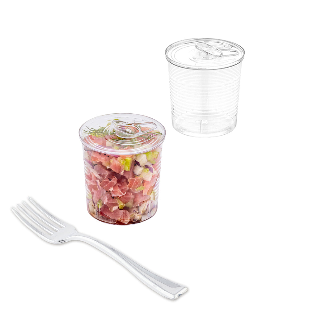 100 Pack 4 oz Round Clear Plastic Tin Cans with 100 Silver Mini Plastic Forks - Perfect for Party Favors, Wedding Desserts, Candy Storage & DIY Crafts