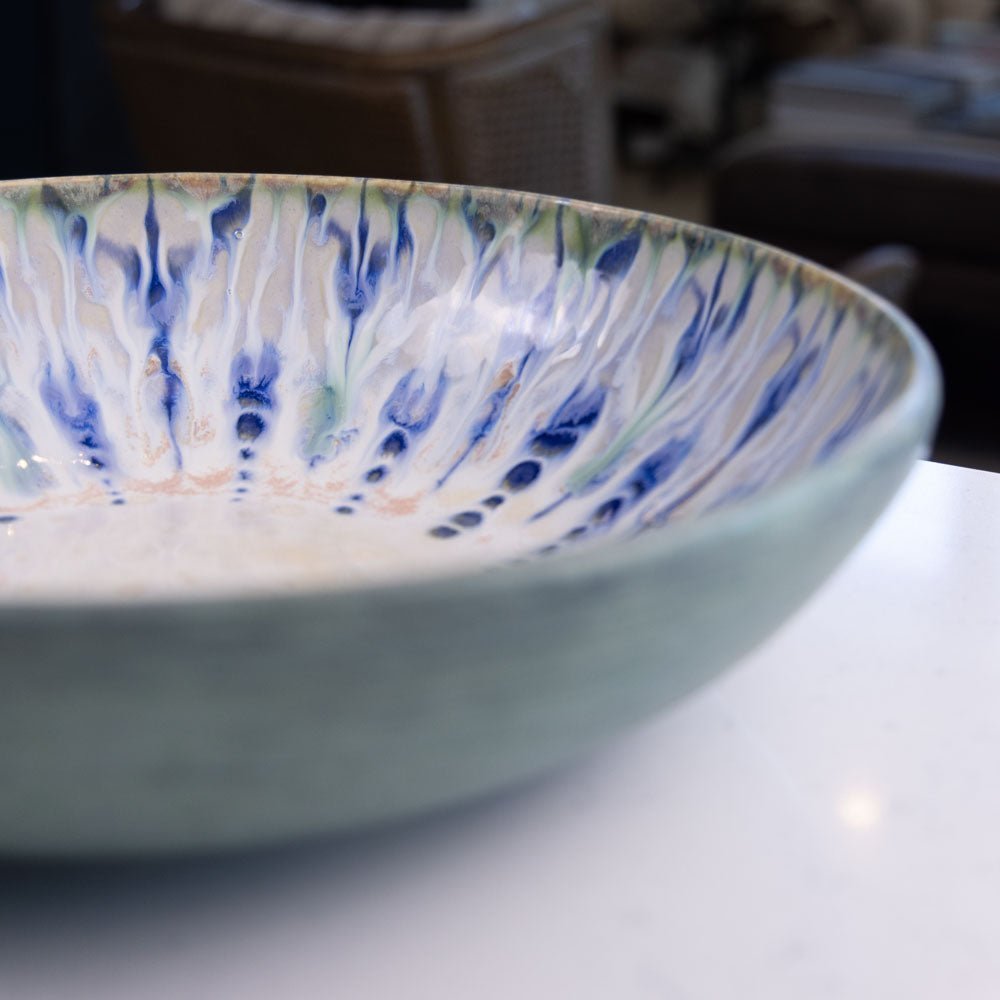 XXL Stoneware Decorative Serving Bowl with Dots - Handcrafted Ceramic Fruit & Salad Bowl - Perfect for Entertaining, Holiday Dinners & Farmhouse Table Decor