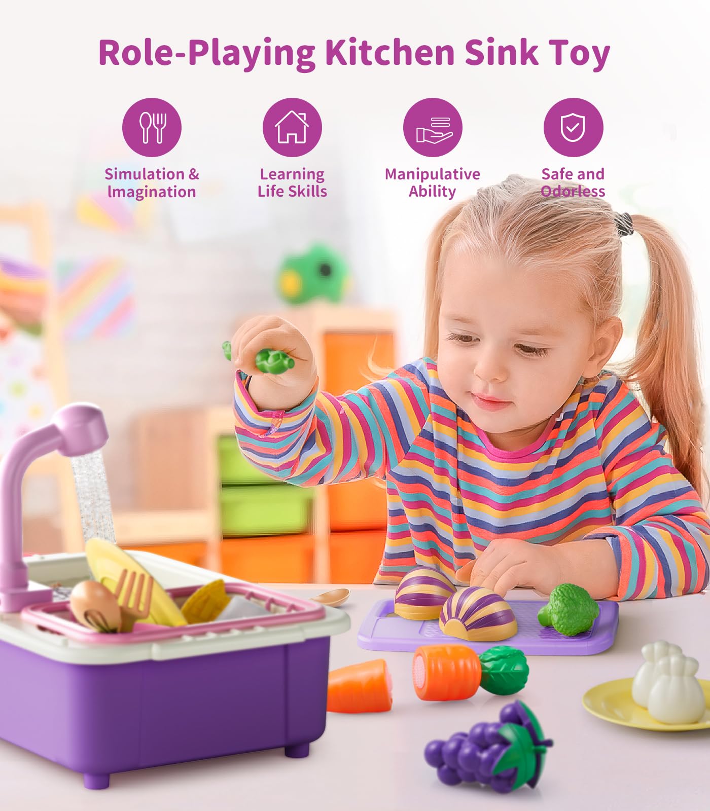 Geyiie Kids Kitchen Sink Toy with Running Water - Realistic Play Sink Set with Faucet, Dish Rack & Cutting Food - Educational Pretend Play Toy for Toddlers Ages 3-7 - Perfect Gift for Bath Time & Role Play Fun