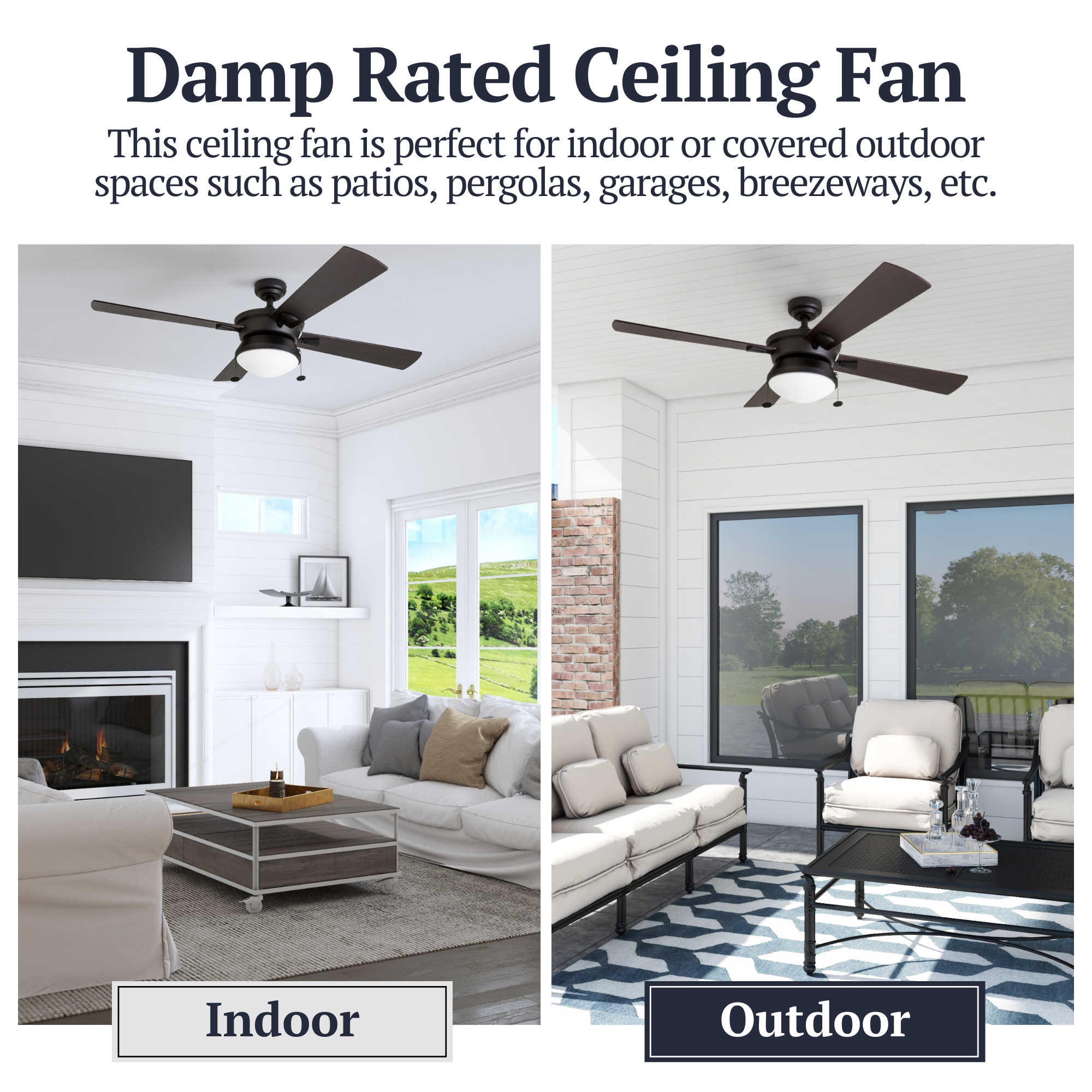52 Inch Matte Black Auletta Ceiling Fan with Pull Chain - Indoor/Outdoor Use for Living Room, Bedroom, Patio & Covered Porch