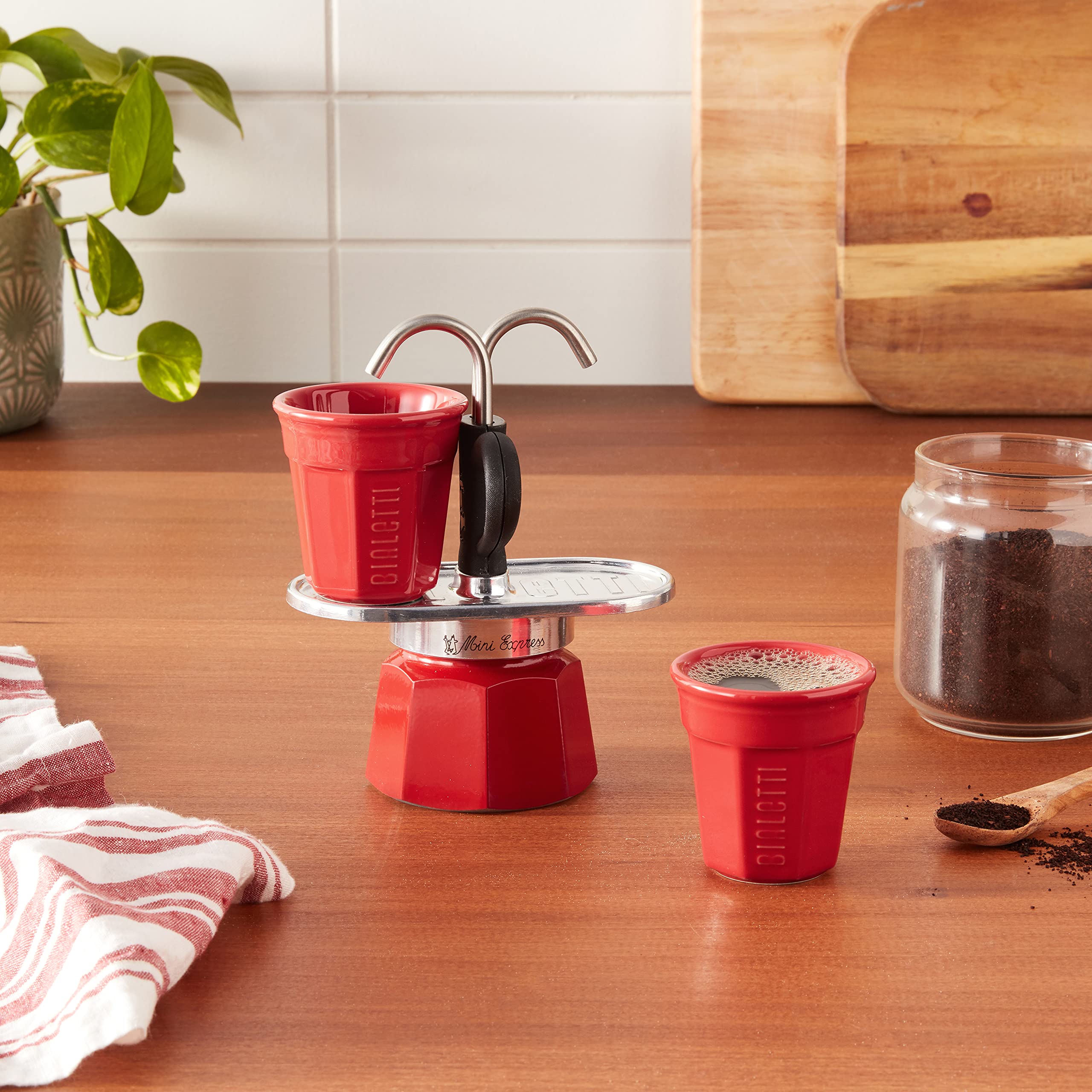 Bialetti Mini Express 2-Cup Moka Pot Coffee Maker with 2 Shot Glasses - Red Aluminum Stovetop Espresso Maker for Home & Office Use