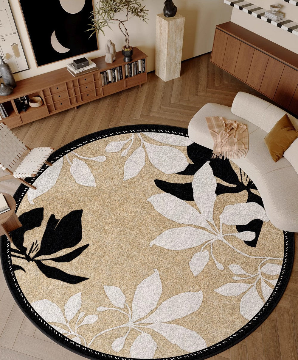 Contemporary Modern Floral Round Rug - Geometric Abstract Circle Rug for Dining Room & Bedroom - Non-Slip Area Rug Under Chairs - Perfect for Home Decor, Living Room, Office