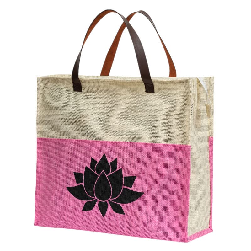 JUTEKA Lotus Print Jute Tote Bag with Leather Handles - Eco-Friendly Reusable Shopping Bag for Grocery, Office, Lunch & Picnic | Perfect for Farmers Market, Work Commute & Outdoor Activities