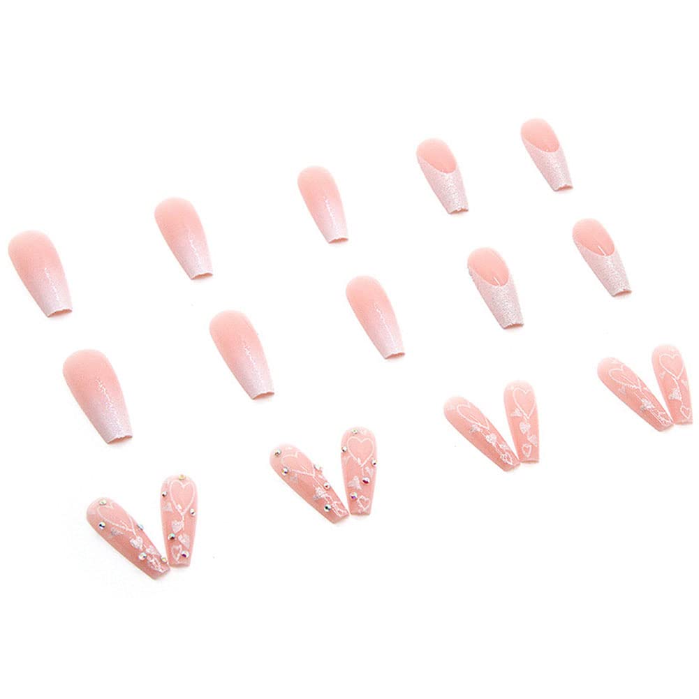 24Pcs Heart Pattern Press on Nails - Long Coffin Fake Nails with Glitter & Glossy Finish - Ballerina Clip on Full Cover False Nails for Women & Girls - Perfect for Parties, Weddings, Date Nights & Special Occasions