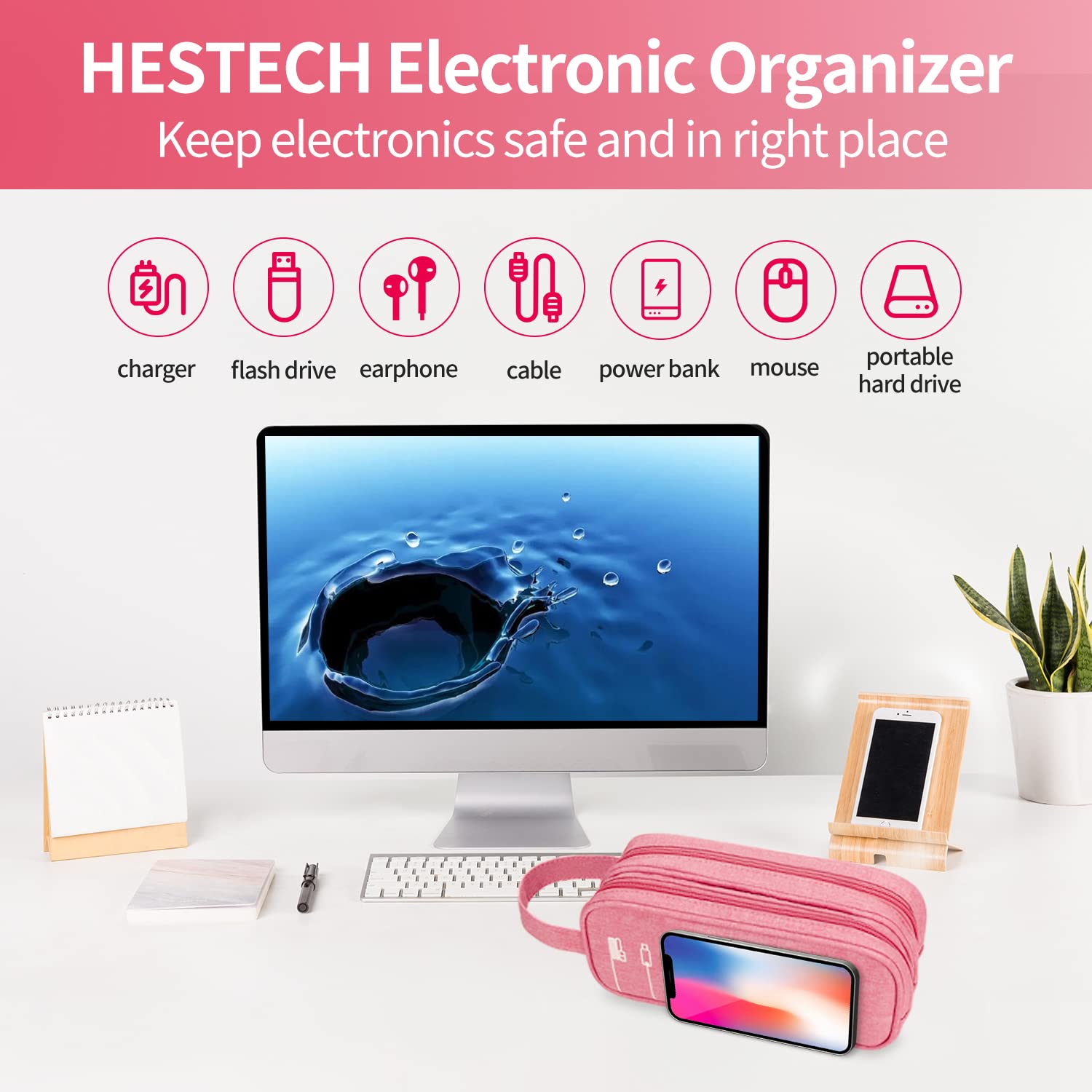 HESTECH Waterproof Double Layer Electronics Organizer Bag - Portable Travel Charger Case for Cables, Mouse, Earbuds, USB Drives (Salmon, Medium) - Perfect for Office, Travel & Home Organization