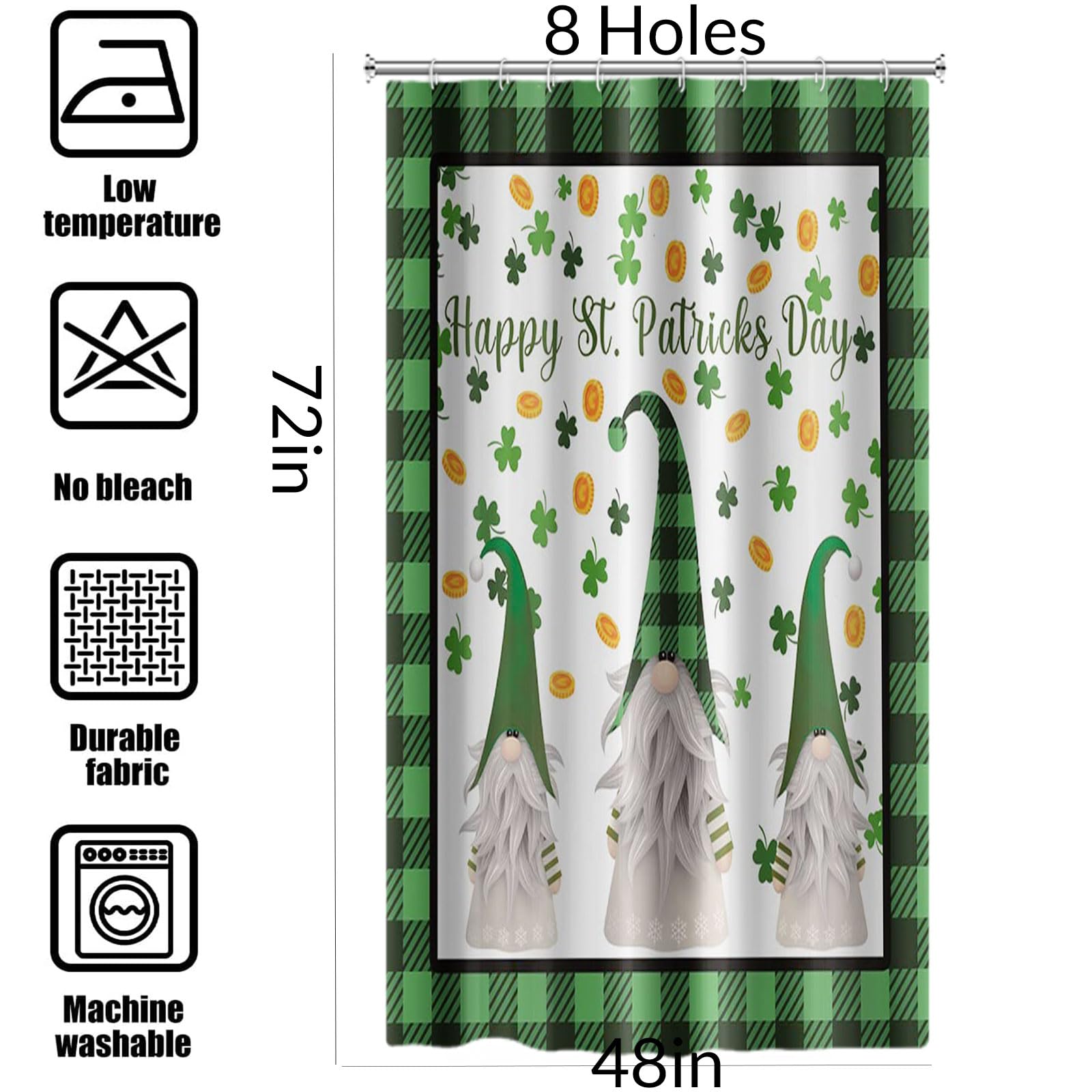 Yeele St. Patrick's Day Shower Curtain - Green Buffalo Plaid Bathroom Decor with Funny Gnome Design, Waterproof Polyester Fabric (48x72 Inches) - Perfect for Irish-Themed Bathrooms, Holiday Parties & Festive Home Decor