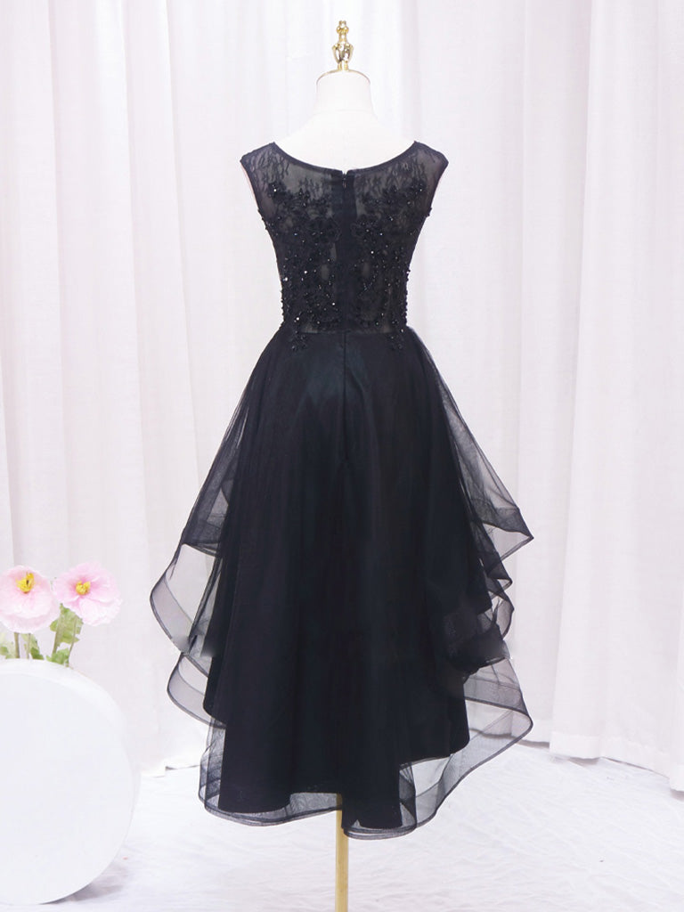 Elegant A-Line Lace Tulle Black Short Prom Dress | High-Low Hem Homecoming Dress for Teens | Perfect for School Dances, Parties & Special Occasions