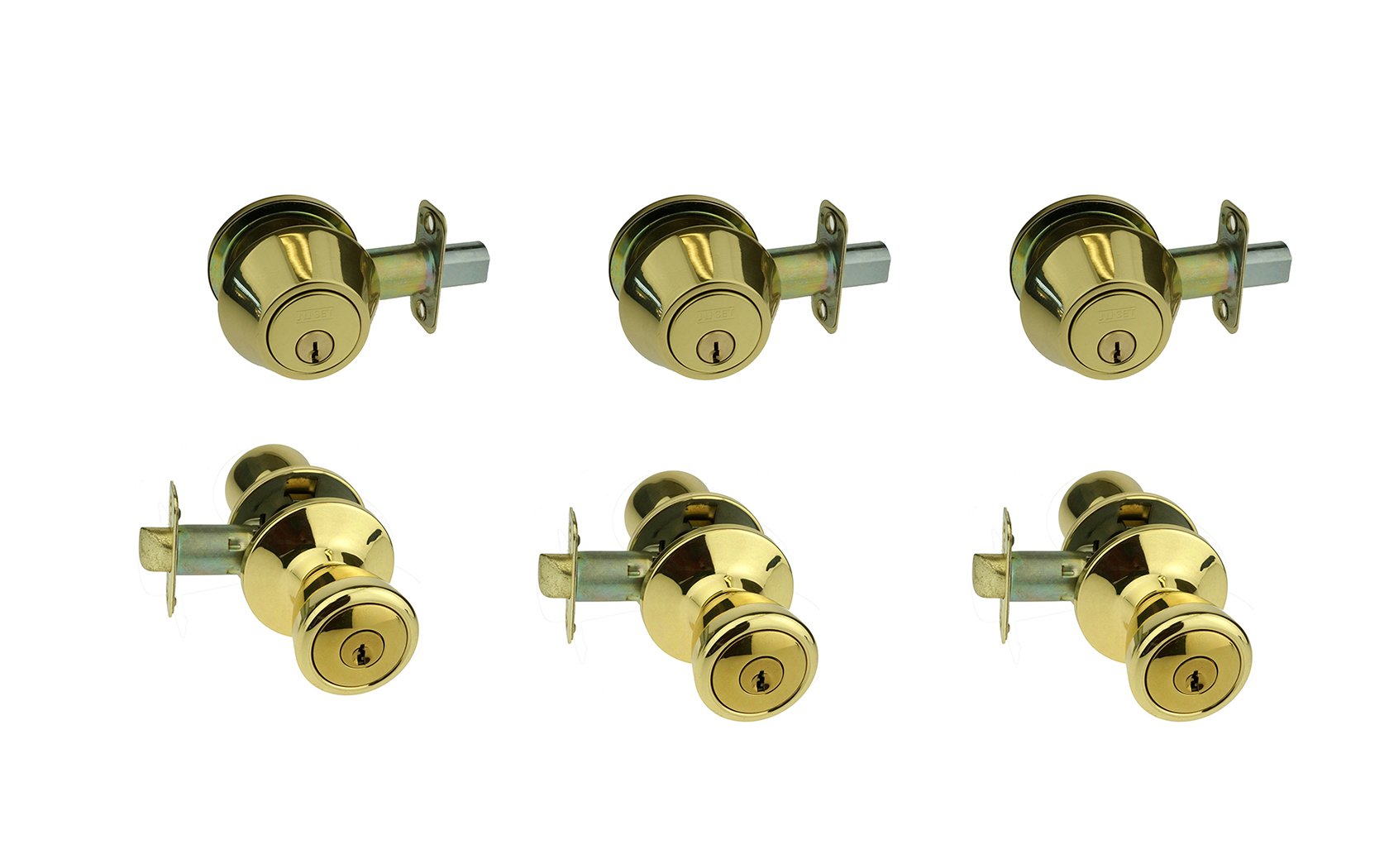 NU-SET Double Cylinder Deadbolt Lock & Door Knob Combo Set - 3 Pack Keyed Alike Brass Door Hardware for Home Security & Improvement - Perfect for Apartments, Rental Homes & Office Doors
