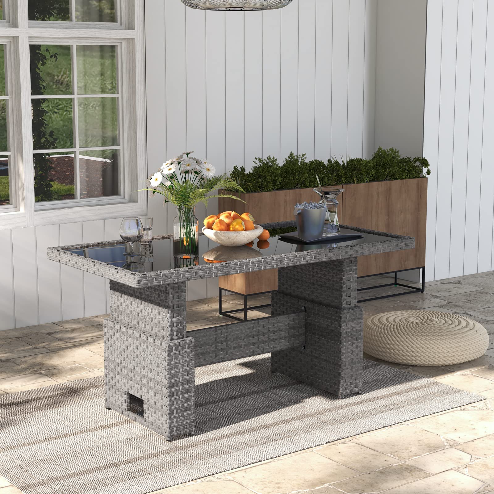 Outdoor Patio Lift Dining Table - Rectangle Wicker Coffee Table with Tempered Glass Top | Multi-Function Furniture for Backyard, Deck, Garden | Grey | Perfect for Outdoor Entertaining, Poolside Lounging & Alfresco Dining