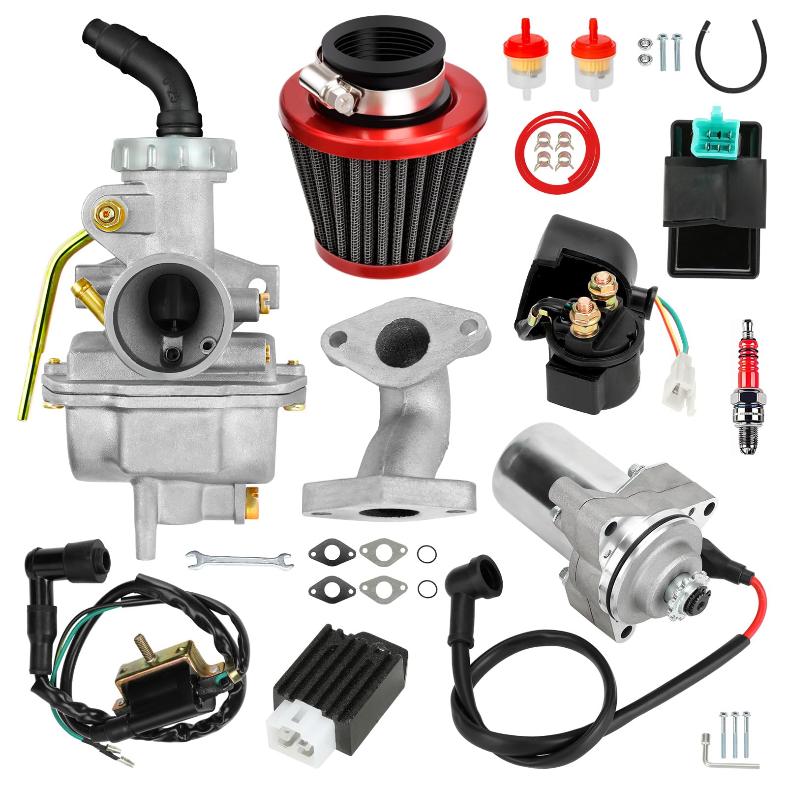 PZ20 Carburetor & Ignition Coil Kit - Compatible with TaoTao Coolster 125cc/110cc, Kazuma Baja 50cc ATV, Quad, Go Kart & Dirt Bike - Includes Starter Motor Relay, Voltage Regulator & CDI Box - Perfect for Off-Roading, Trail Riding & DIY ATV Repairs