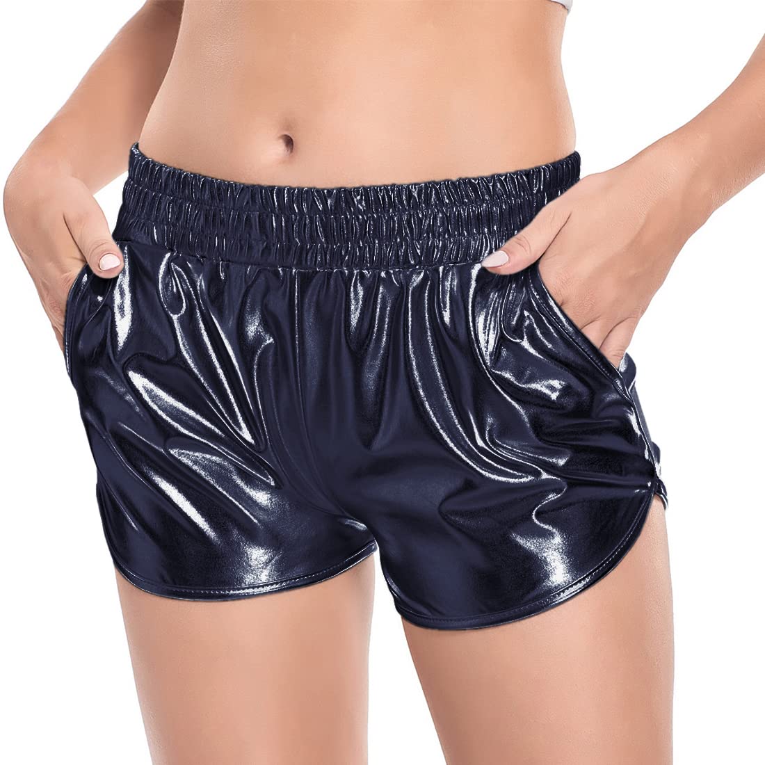 Shiny Metallic High Waist Shorts for Women - Stretchy Elastic Waistband - Perfect for Rave, Dance, Party & Nightclub Outfits