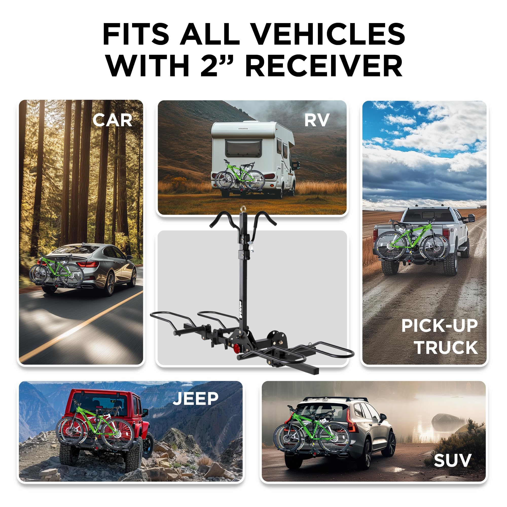 200 lbs. Capacity Hitch Mounted 2-Bike Rack with Lock - Fits Standard, Mountain & Fat Tire Bikes - Compatible with Cars, SUVs, Vans, RVs, Trailers & Trucks - Perfect for Road Trips, Camping & Outdoor Adventures