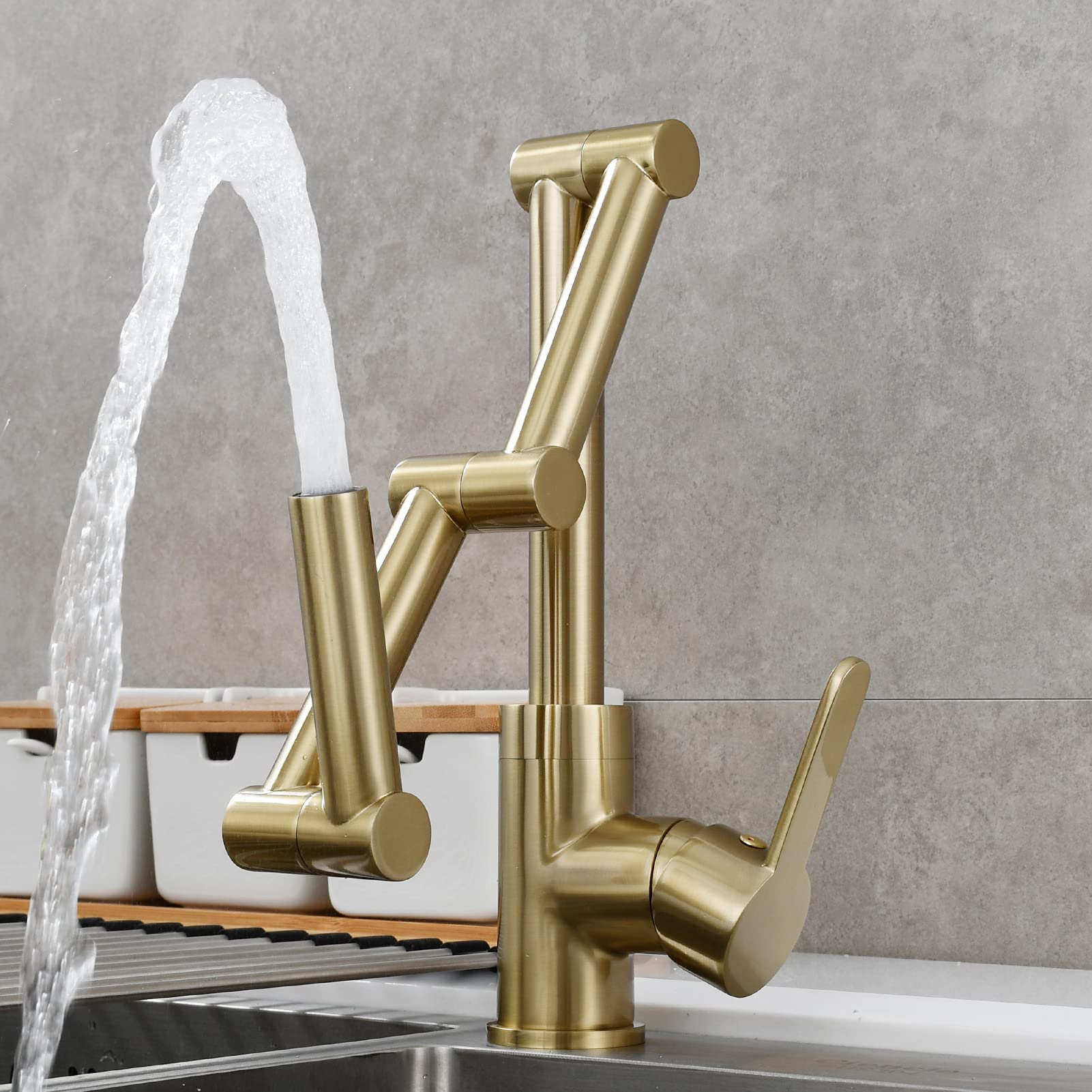 Brushed Gold Pot Filler Faucet - Deck Mount Brass Folding Kitchen Sink Faucet for Hot & Cold Water - BJ21231 - Perfect for Cooking, Filling Pots & Pans in Modern Kitchens