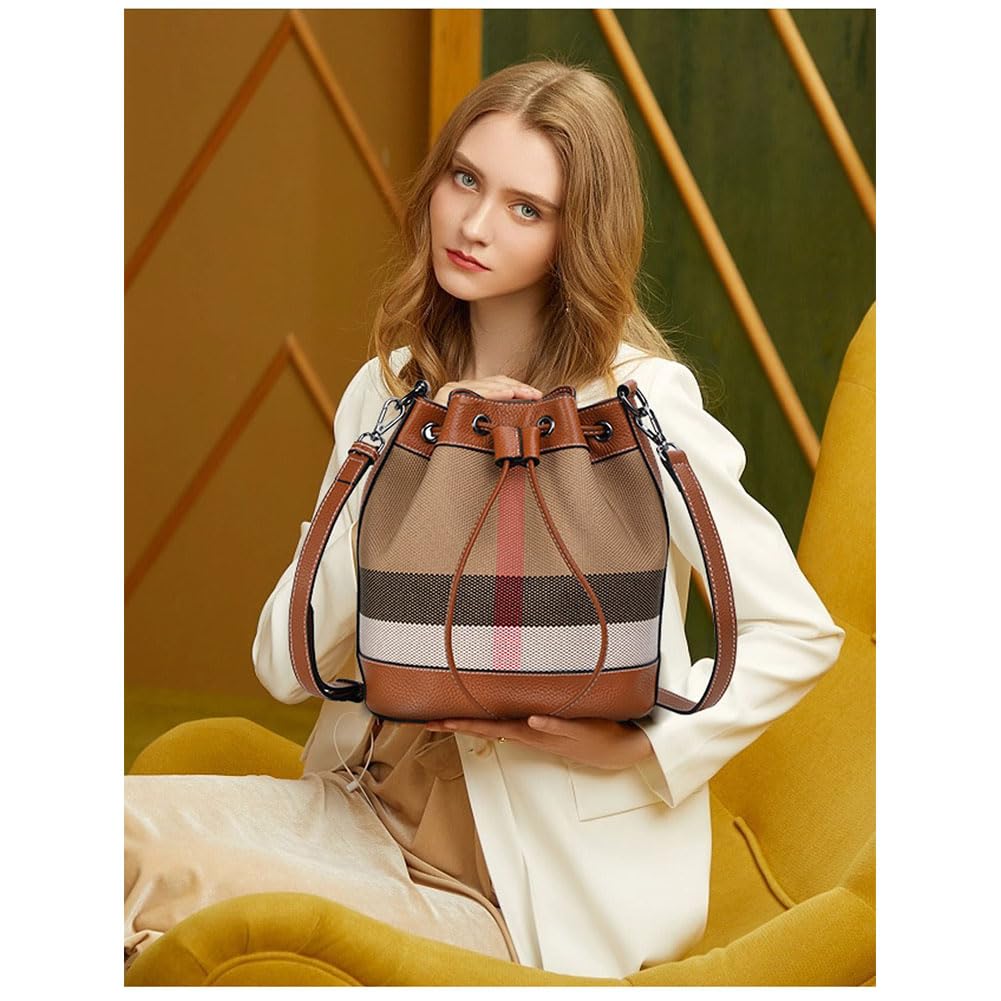 Genuine Leather Bucket Bag for Women - Plaid Cowhide Shoulder Crossbody Purse, Large Capacity Tote Bag for Commuting, Travel & Casual Everyday Use