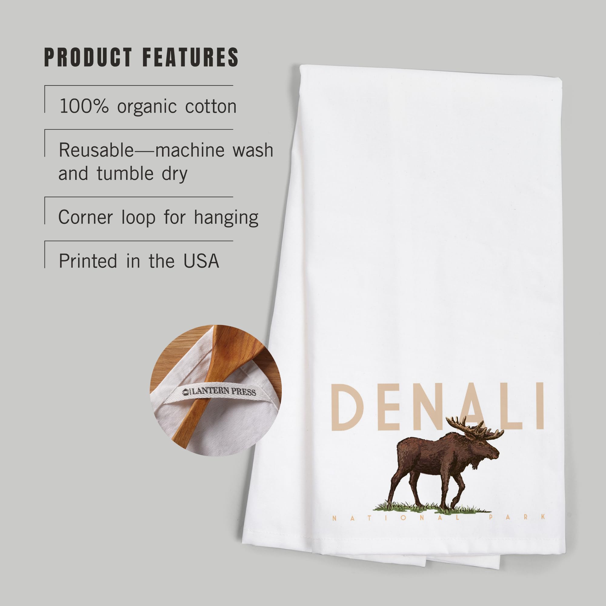 Lantern Press Denali National Park Alaska Moose Tea Towel - 100% Cotton Decorative Hand Towel for Kitchen & Home | Perfect for Dish Drying, Gift Giving & Rustic Home Decor